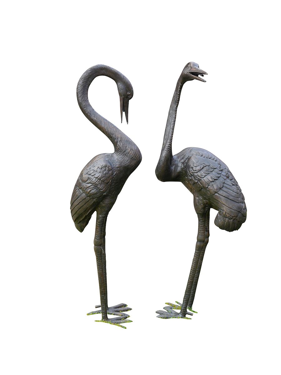 Reiher Pärchen Kraniche aus Bronze Figuren Wasserspeier für den Garten