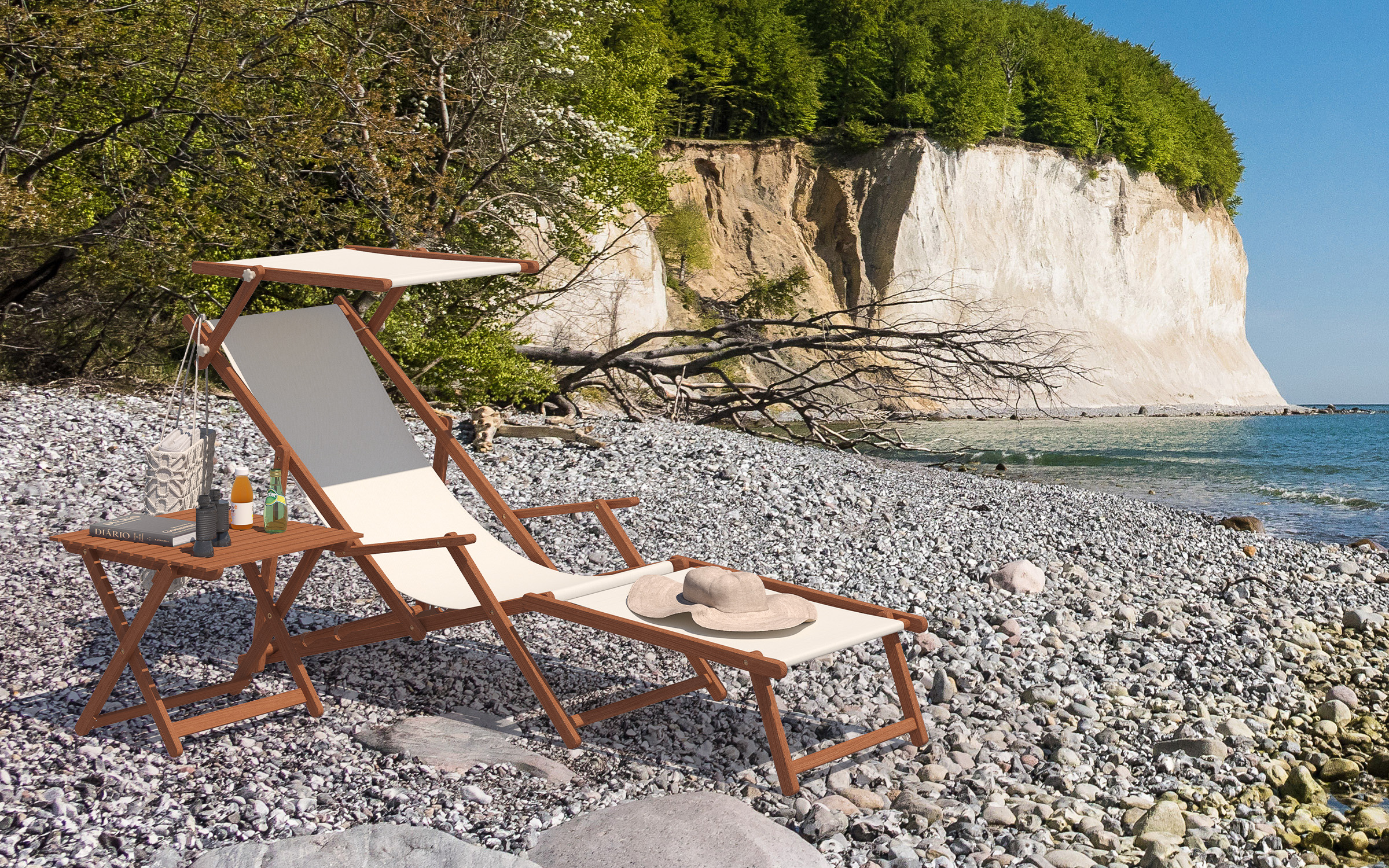 Strandstuhl Holz-Liegestuhl Holzklappstuhl Stofffarbe Weiß