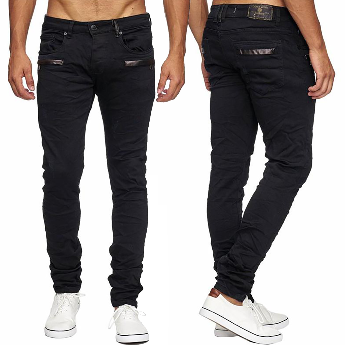 Mens Jeans Black Distressed Ripped Leather Details | eBay