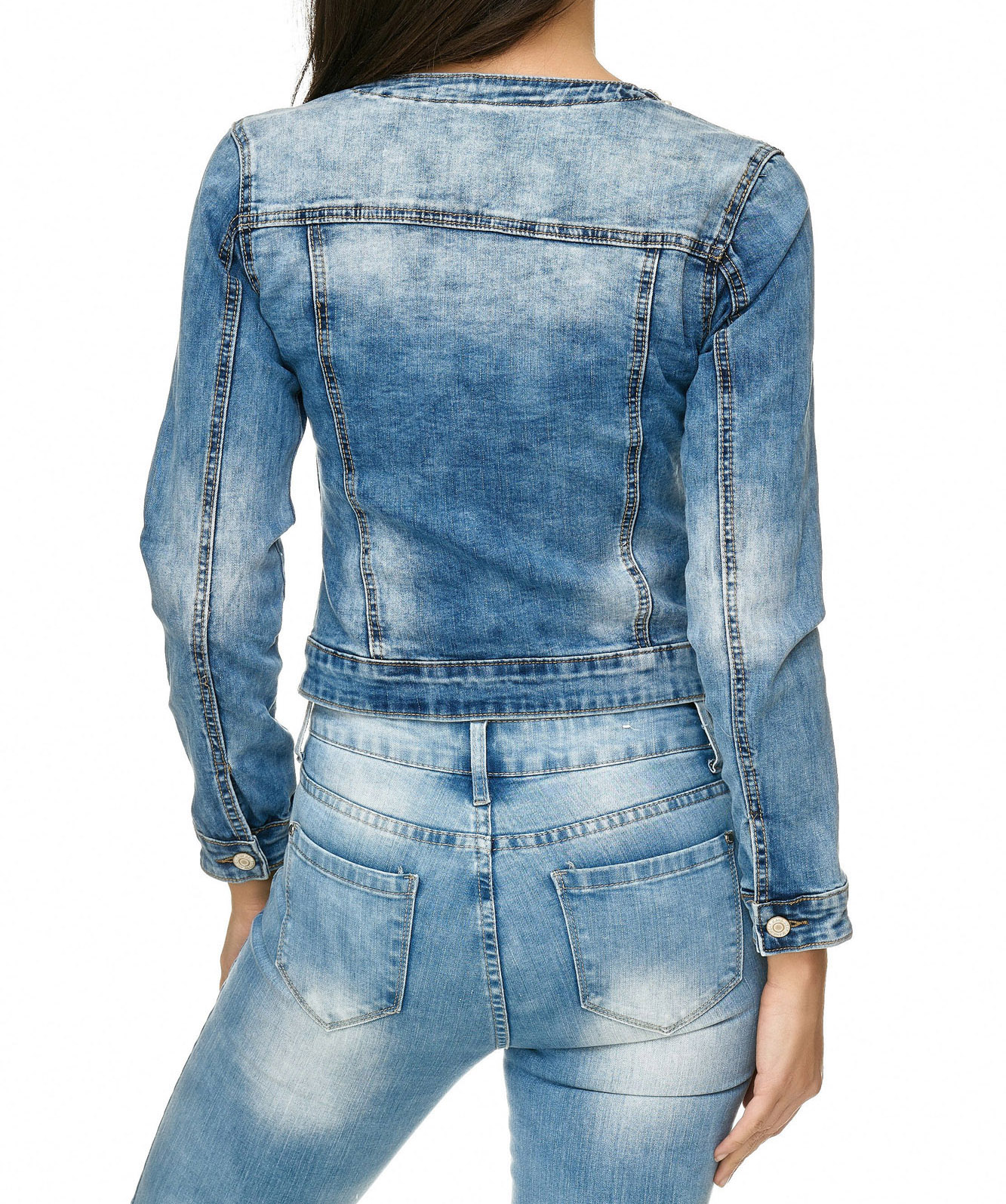 Women Denim Jacket Pearl Rhinestone Slim Glitter Stretch Short Jacket