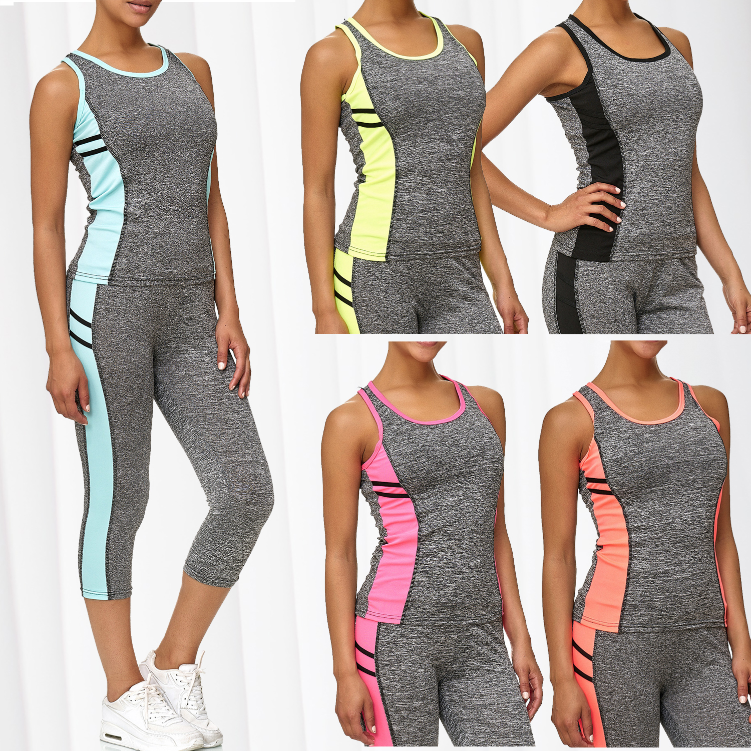 Damen Zweiteiler Sport Set Fitness Training Hose Workout Tank Top Shirt Leggings