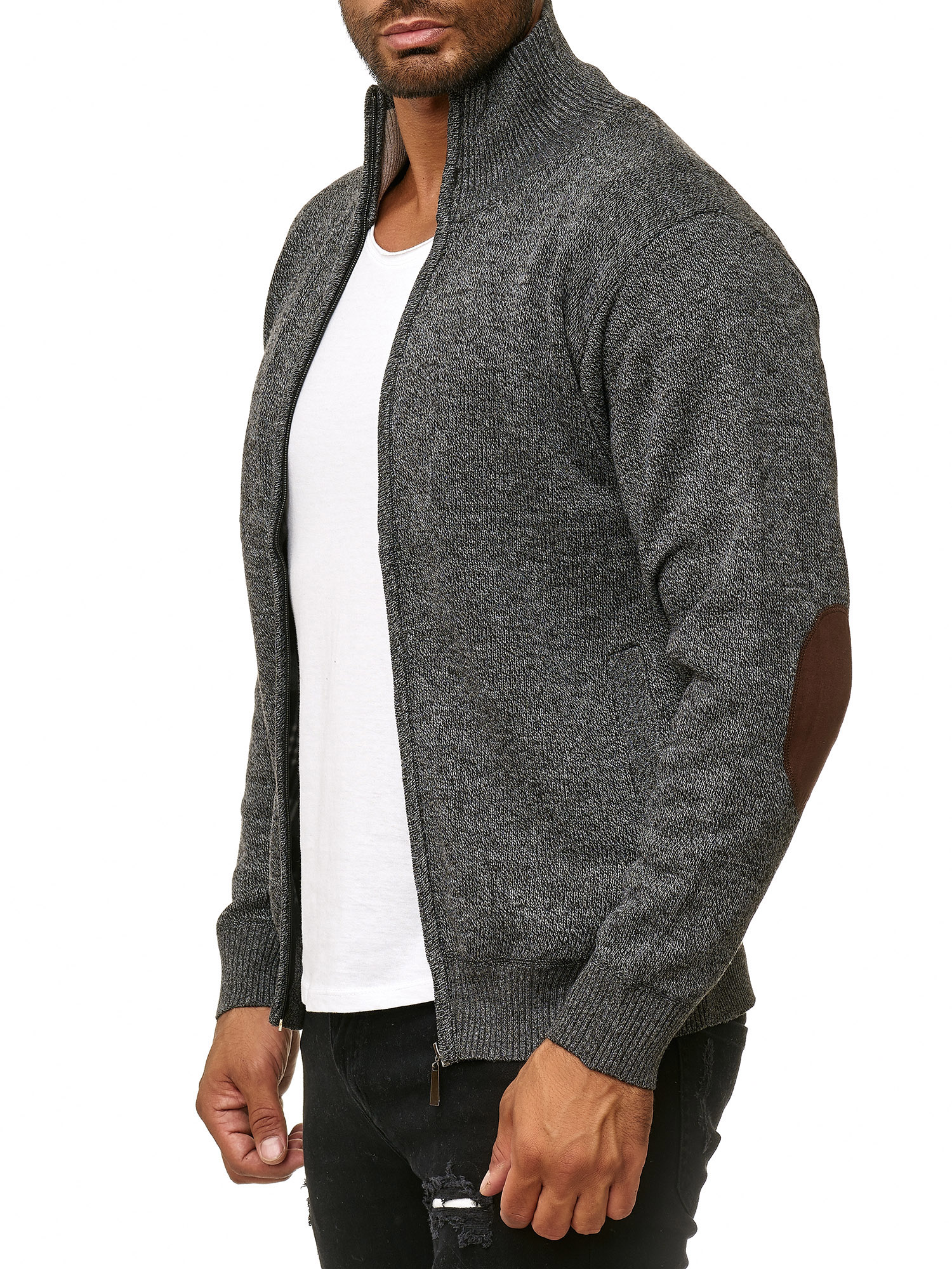 Mens Knitted Jacket Vest Sweater Elbow Patches Zip Up Cardigan