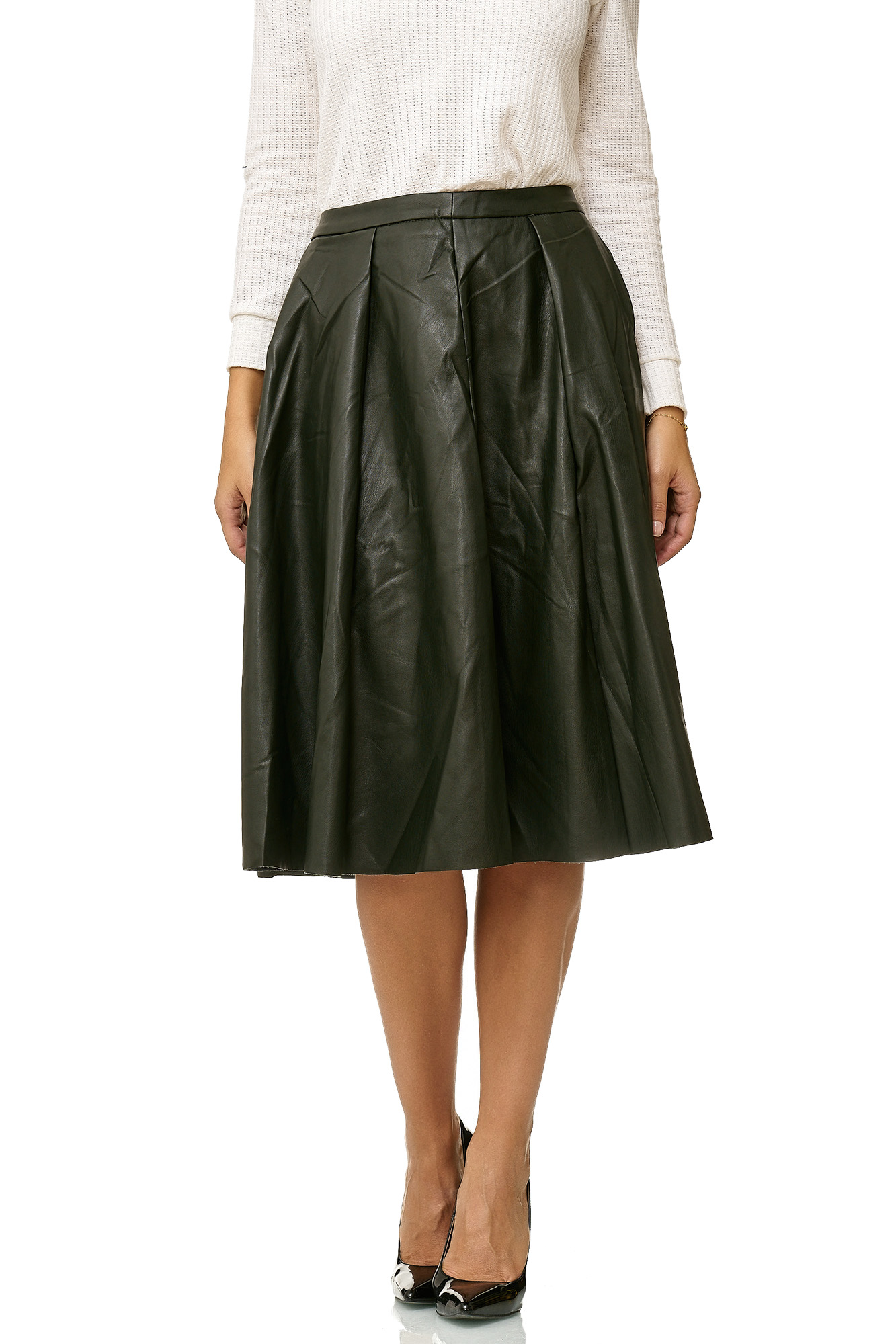 Damen Rock Leder Optik Falten Rock Midi Ausgestellt Maxi Skirt Volant Knie Lang