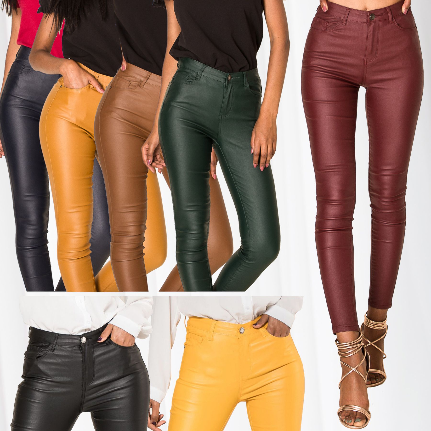 Pantaloni donna in pelle ottica Biker High Waist Tube Jeans Skinny Slim Fit