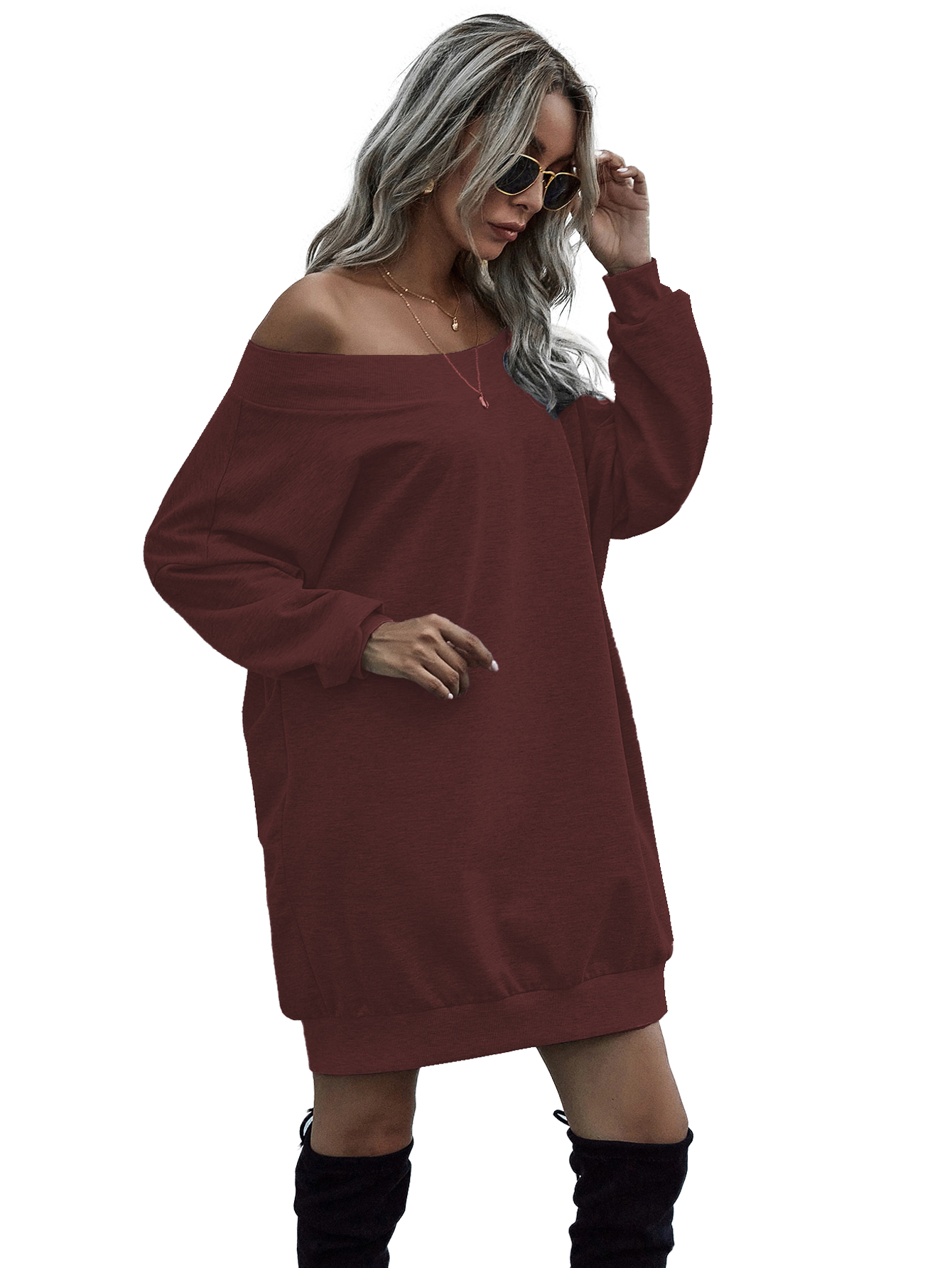 Damen Oversized Long Shirt Off-Shoulder Dress Longsleeve Pullover Damen Oversized Long Shirt Off-Shoulder Dress Longsleeve Pullover