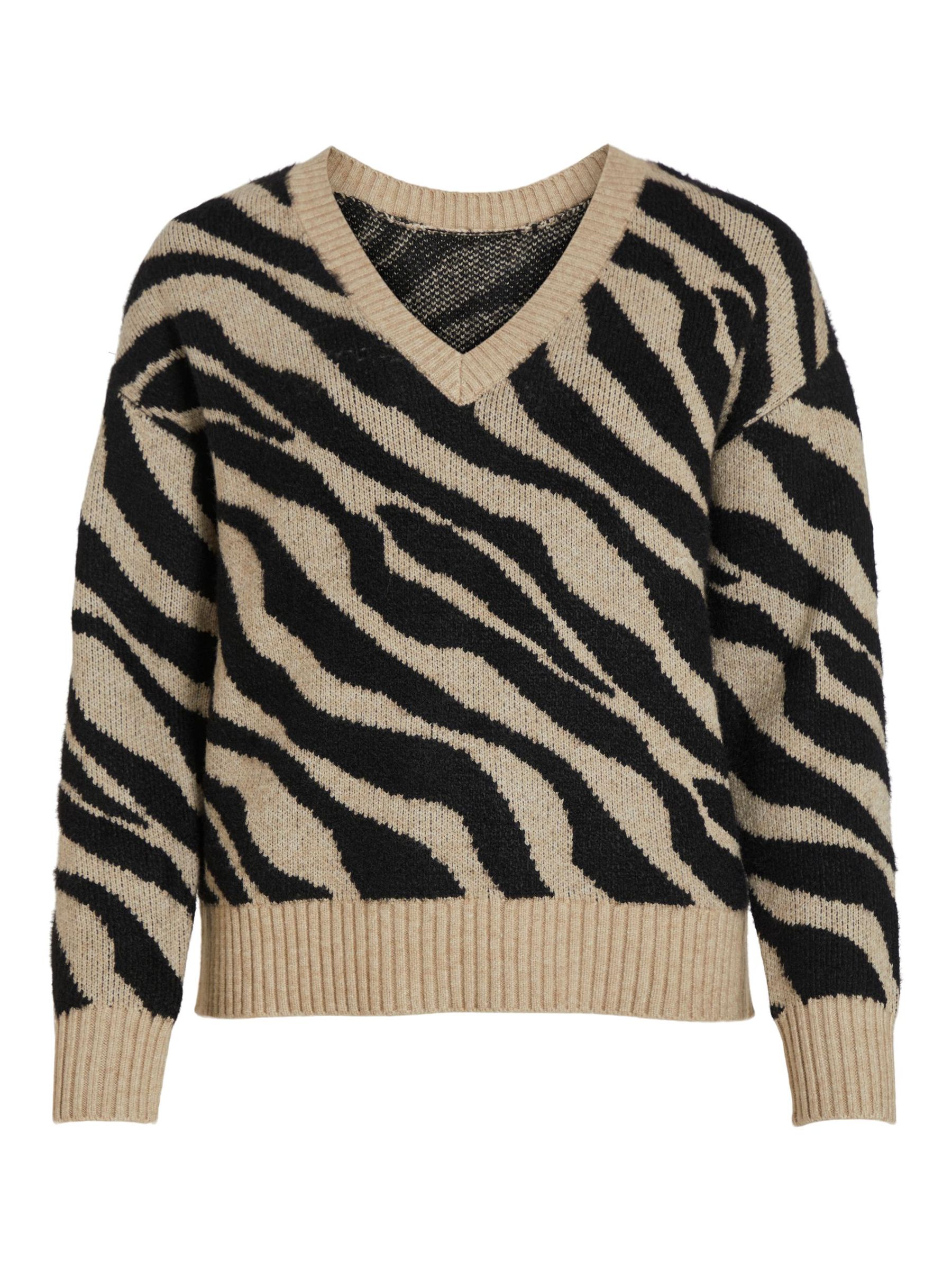 VILA_Noos2022_3939790_14076461.jpg Kuscheliger Strickpullover Zebra Animal Muster V-Neck Sweater VIRIL