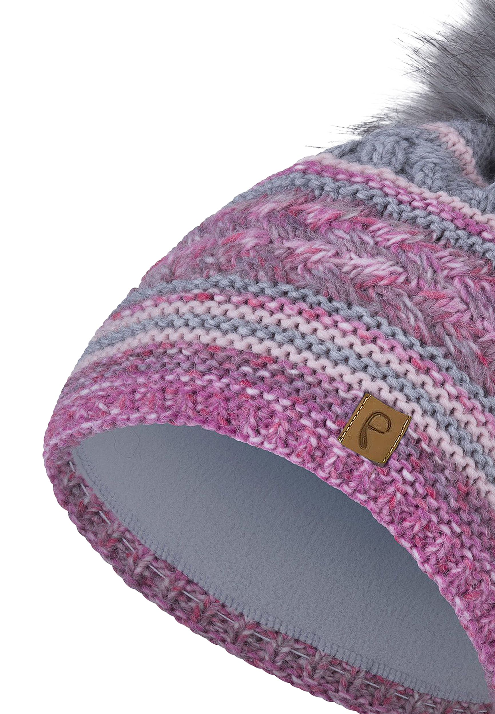 Bommelmütze gestreift mit Kunstfell-Bommel und Fleece Innenfutter Bommelmütze gestreift mit Kunstfell-Bommel und Fleece Innenfutter