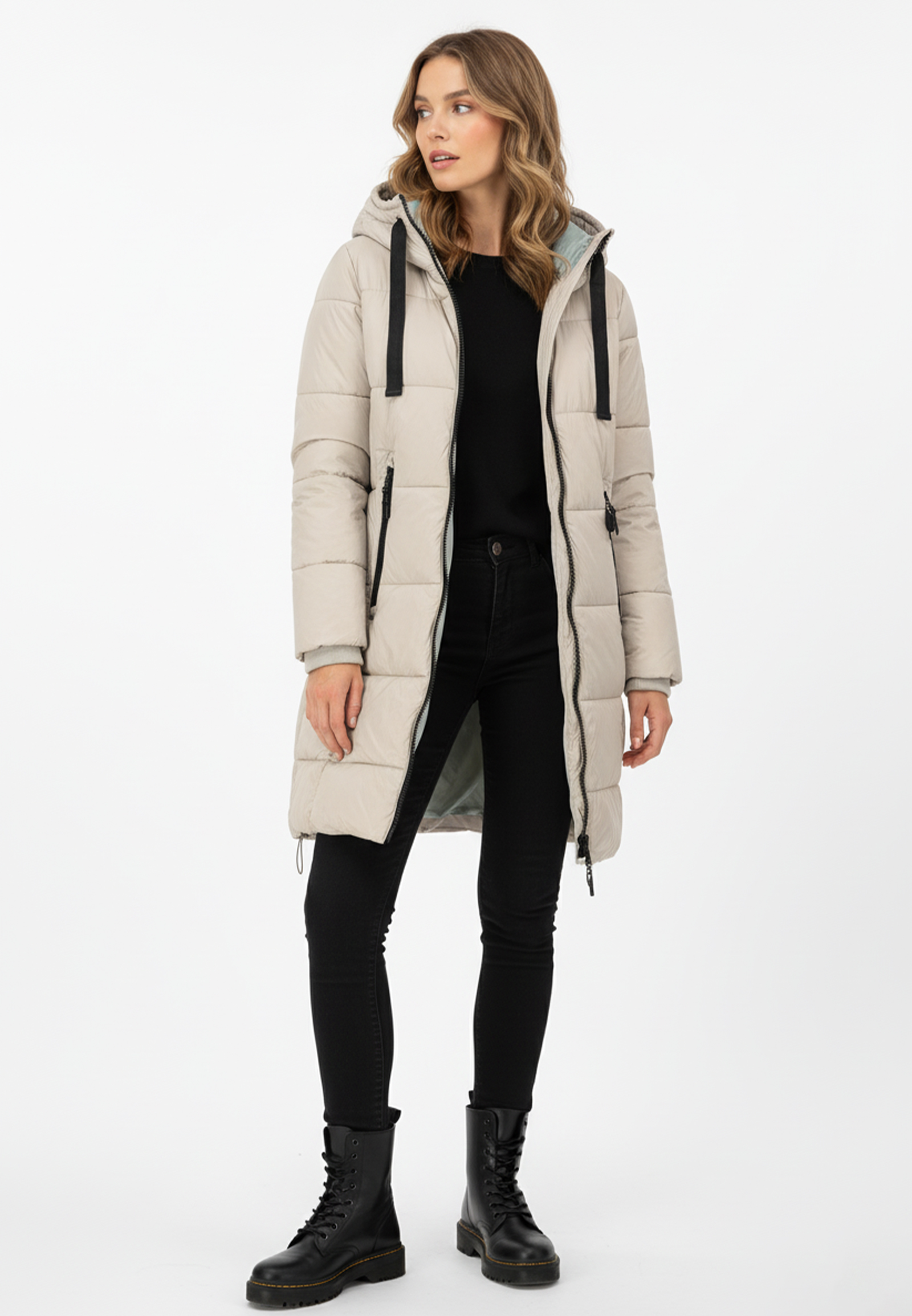 Lange Jacke mit Kapuze und Reißverschluss für kalte Tage Lange Jacke mit Kapuze und Reißverschluss für kalte Tage