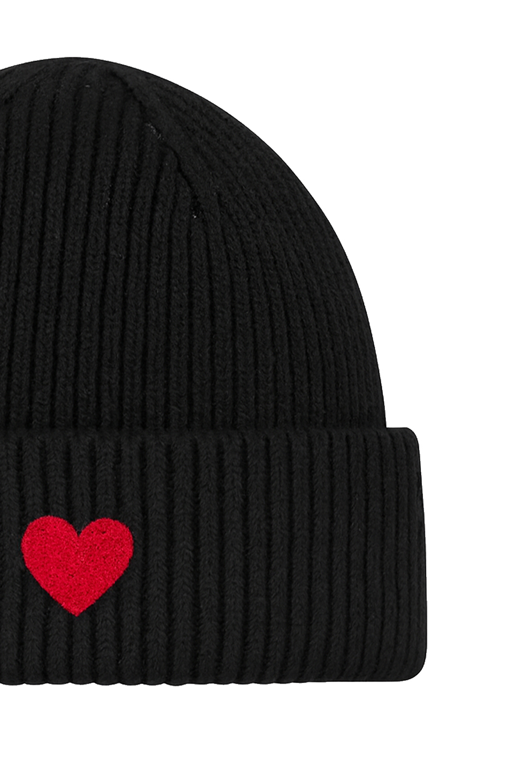 Gemusterte Strickmütze mit Rippbündchen dezenter Stickerei Gemusterte Strickmütze mit Rippbündchen dezenter Stickerei