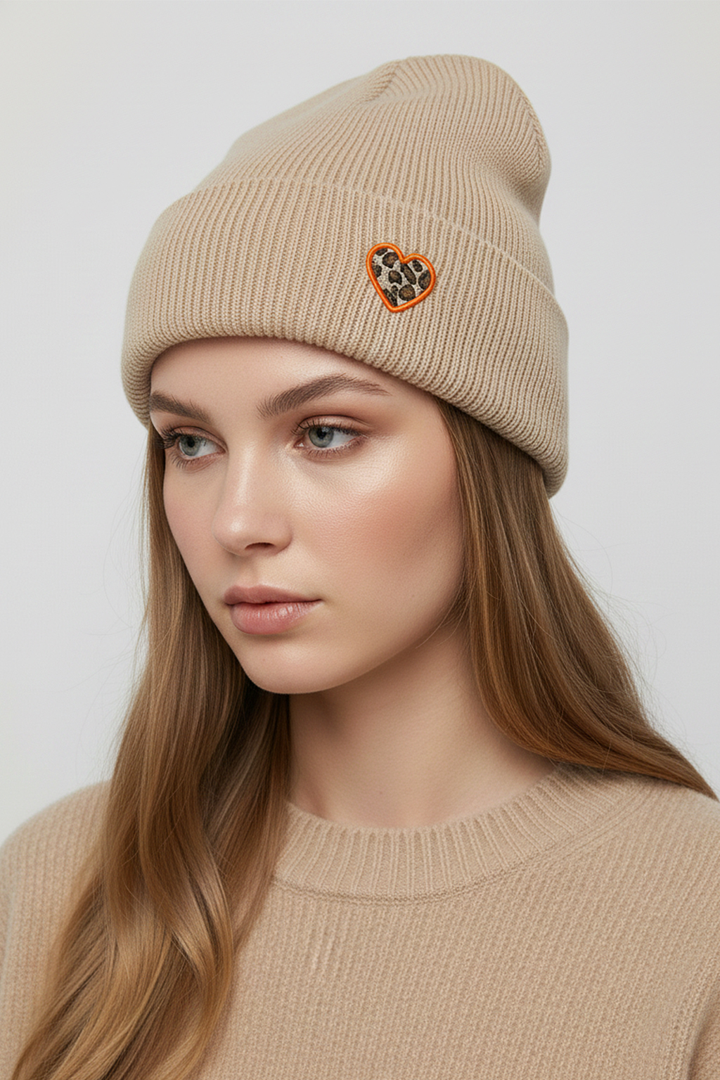 wärmend Strickmütze Umschlag gerippter Look Motiv Patch Herz wärmend Strickmütze Umschlag gerippter Look Motiv Patch Herz