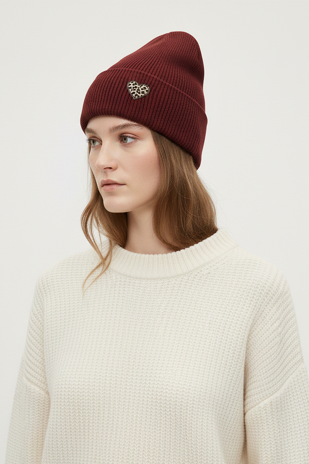 wärmend Strickmütze Umschlag gerippter Look Motiv Patch Herz wärmend Strickmütze Umschlag gerippter Look Motiv Patch Herz