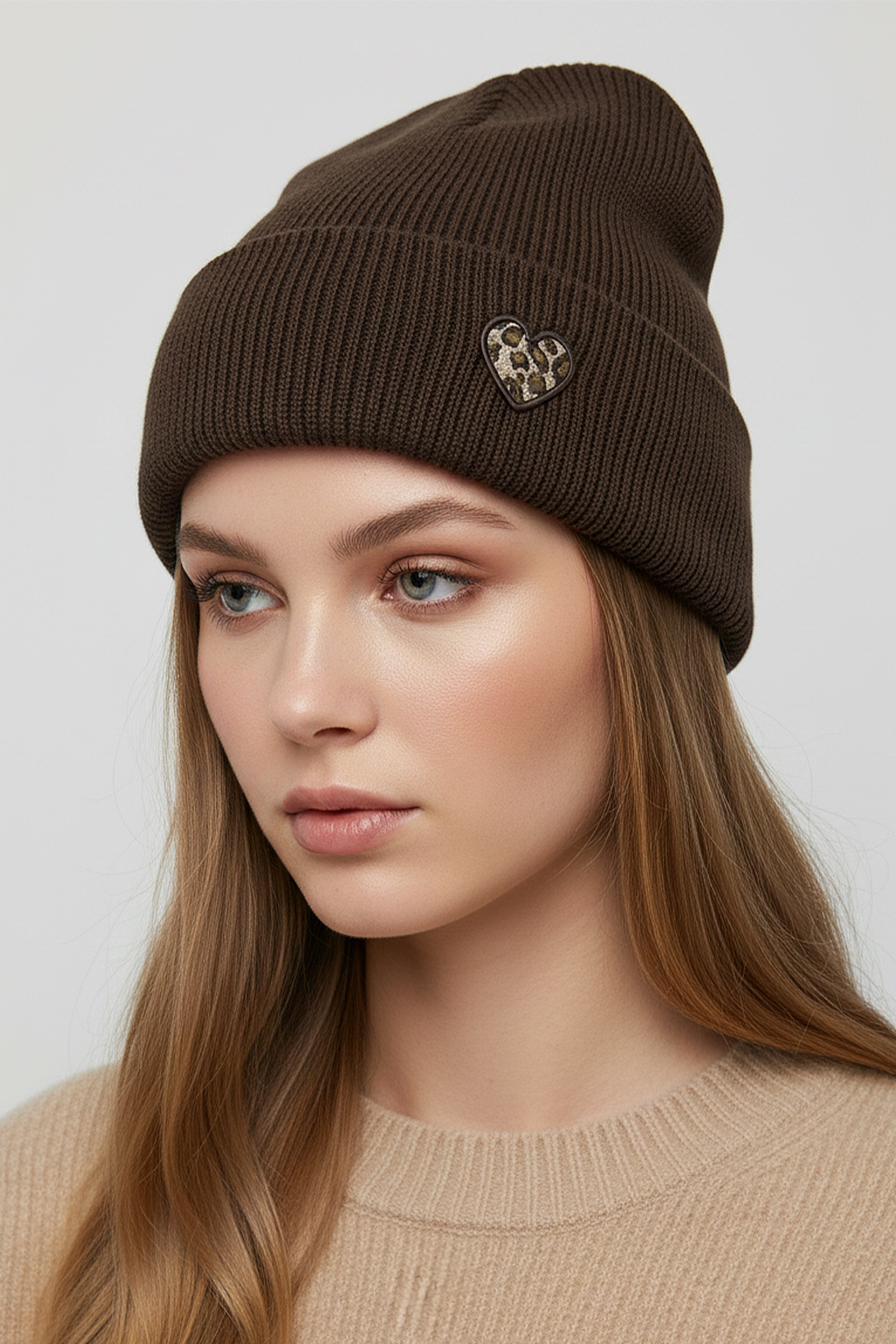 wärmend Strickmütze Umschlag gerippter Look Motiv Patch Herz wärmend Strickmütze Umschlag gerippter Look Motiv Patch Herz