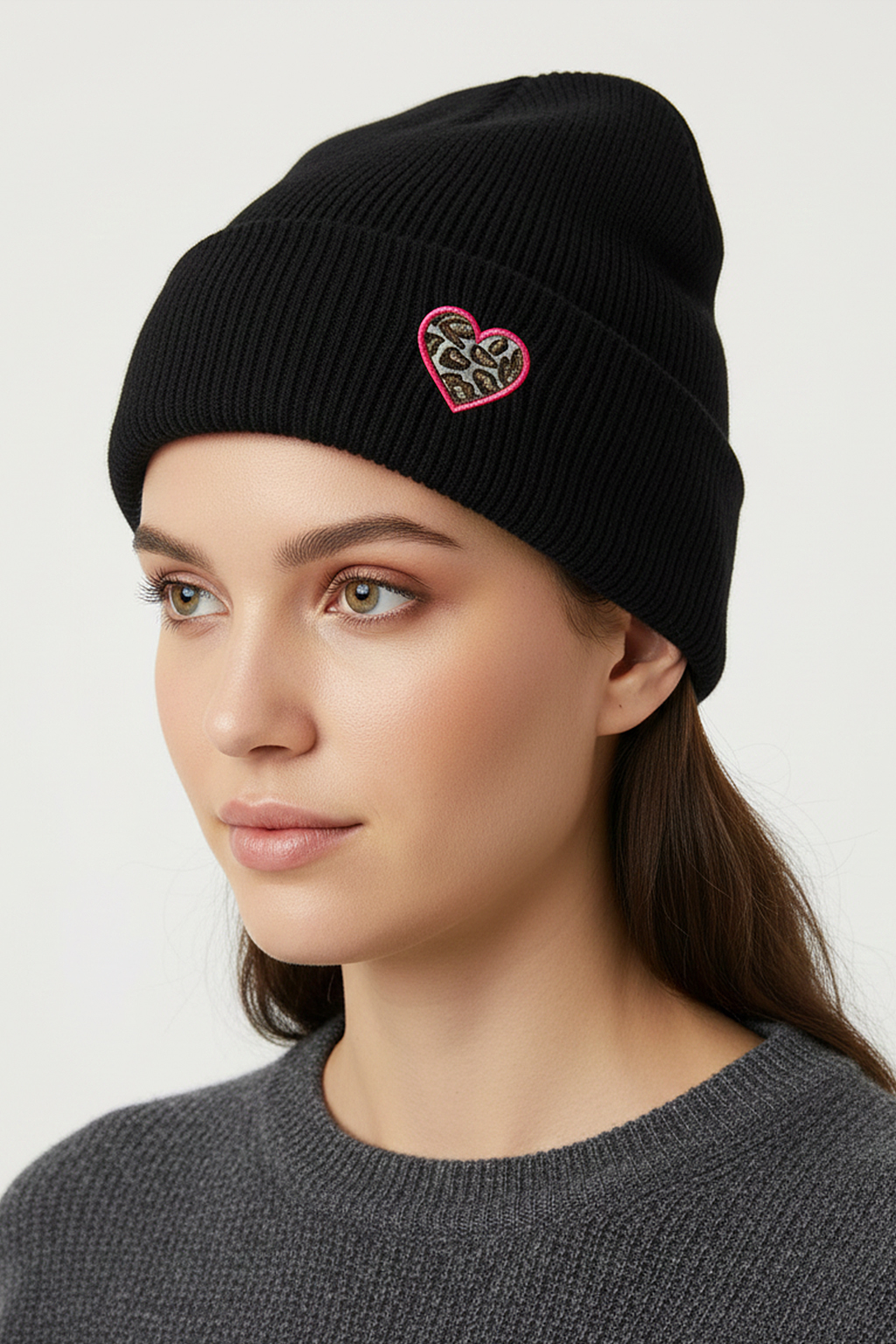 wärmend Strickmütze Umschlag gerippter Look Motiv Patch Herz wärmend Strickmütze Umschlag gerippter Look Motiv Patch Herz