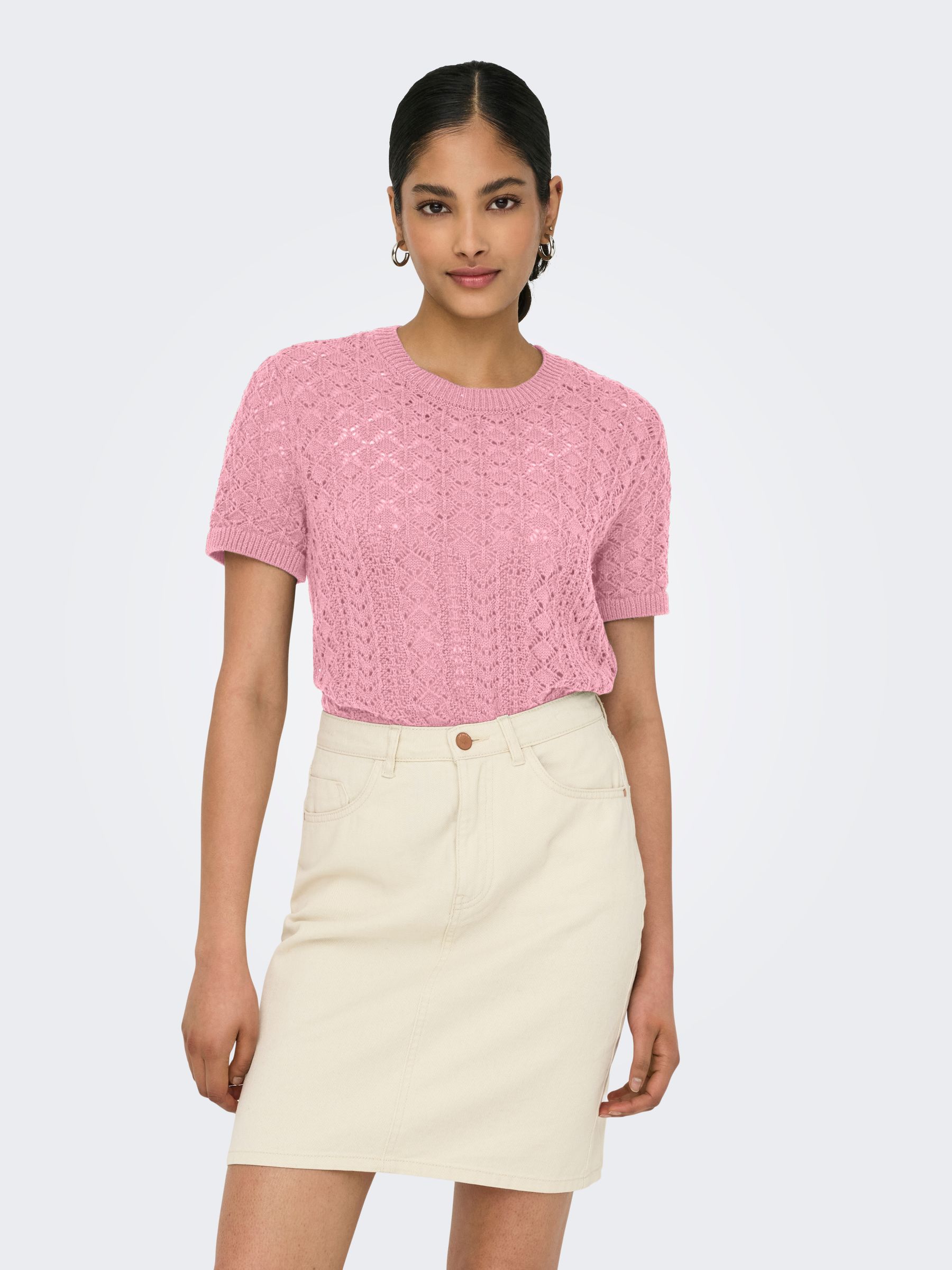 Kurzarm Strickpullover Häkelmuster Rundhals Unifarben Kurzarm Strickpullover Häkelmuster Rundhals Unifarben