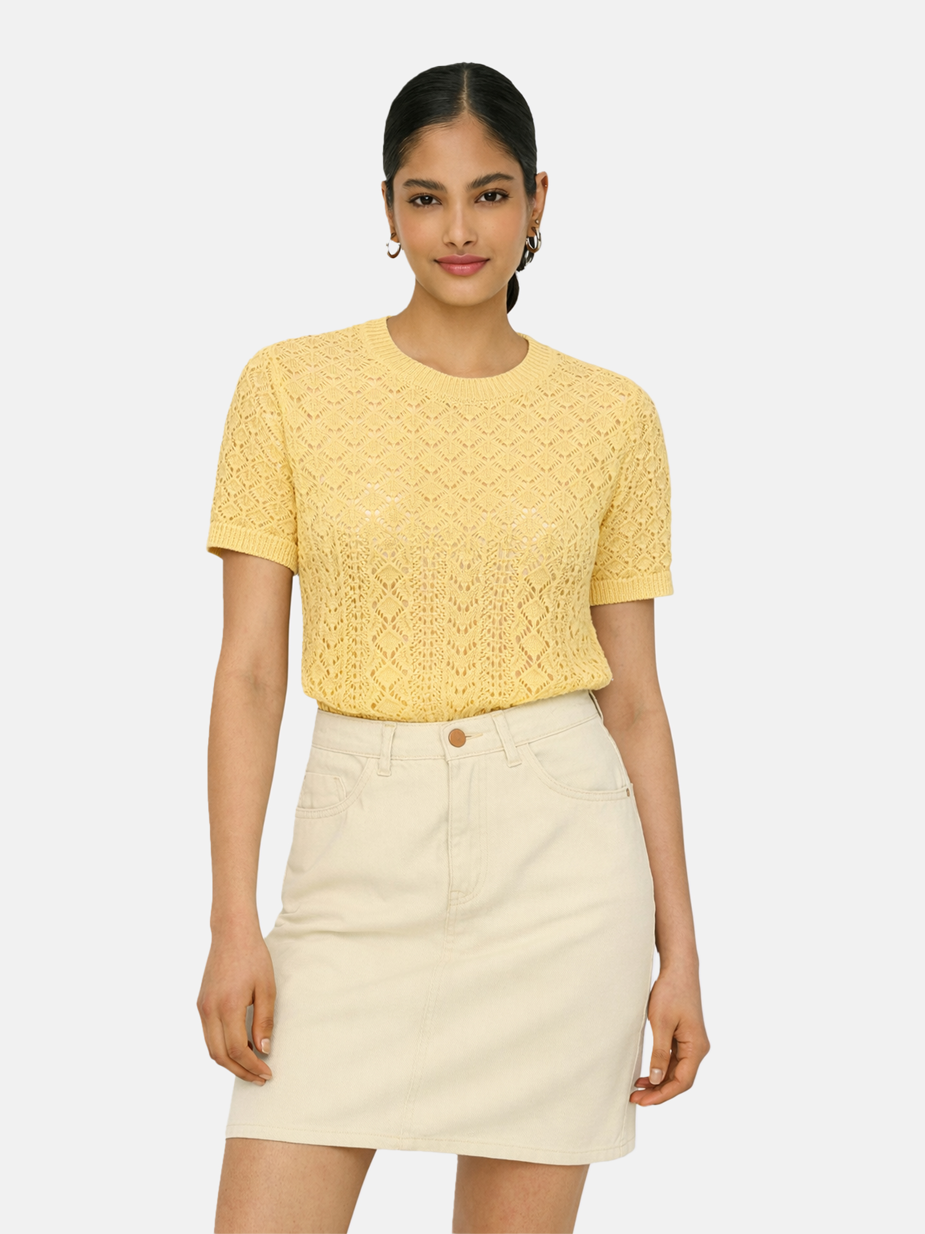 Kurzarm Strickpullover Häkelmuster Rundhals Unifarben Kurzarm Strickpullover Häkelmuster Rundhals Unifarben