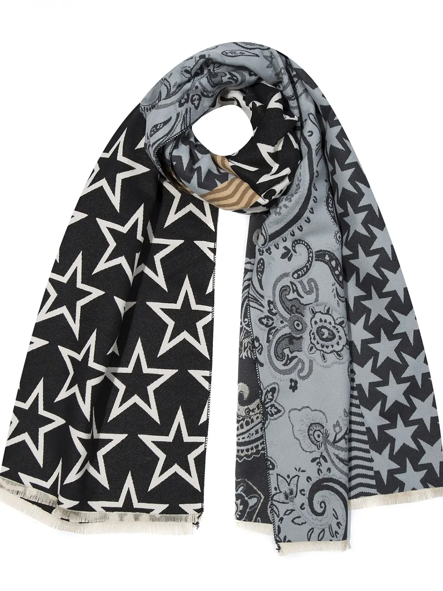 Gemusterter Schal Patchwork Sterne Paisley Fransen Gemusterter Schal Patchwork Sterne Paisley Fransen
