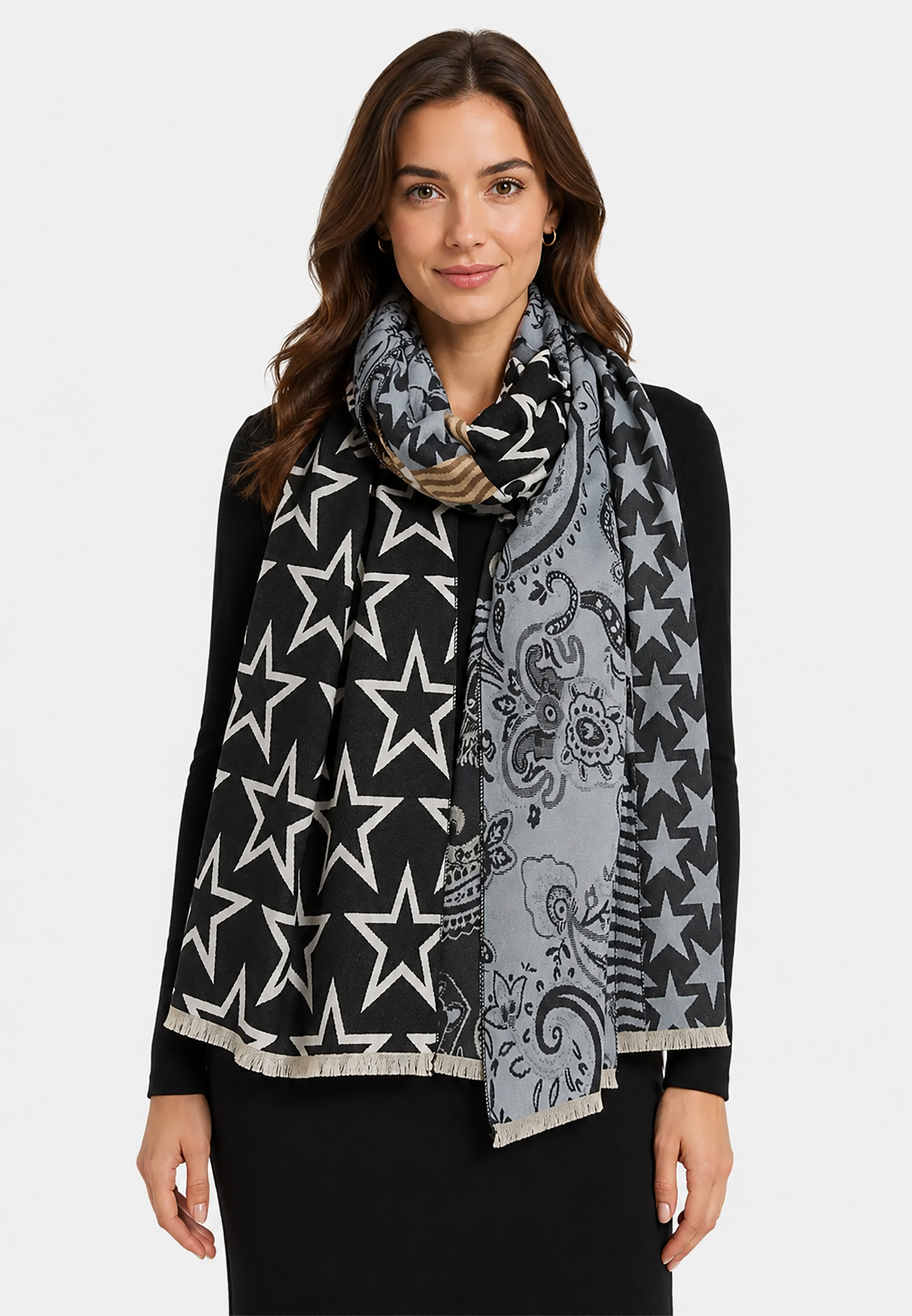 Gemusterter Schal Patchwork Sterne Paisley Fransen Gemusterter Schal Patchwork Sterne Paisley Fransen