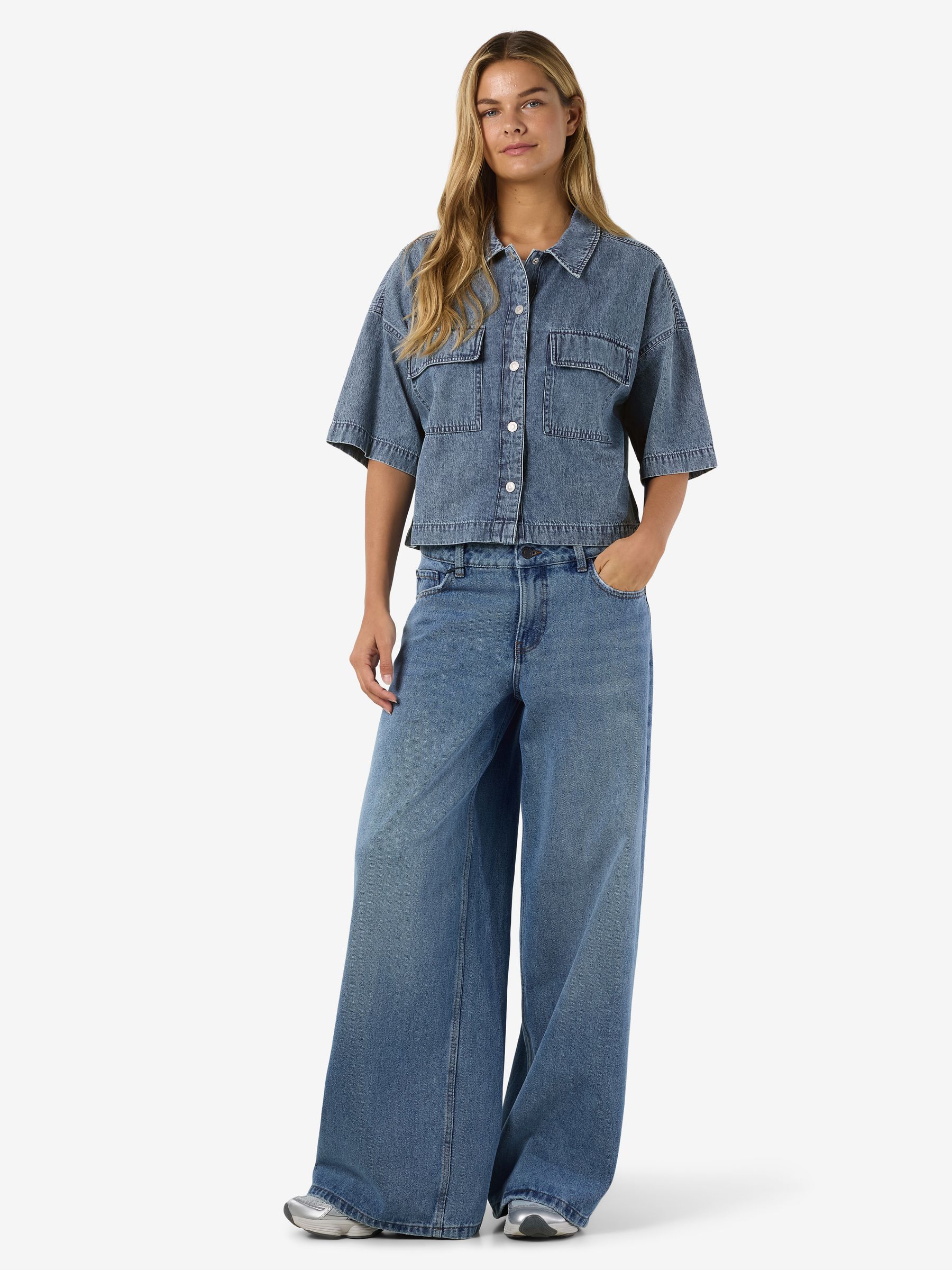 27036512_4919938_5.jpg Halbarm Jeanshemd Locker Geschnitten Knopfleiste Casual