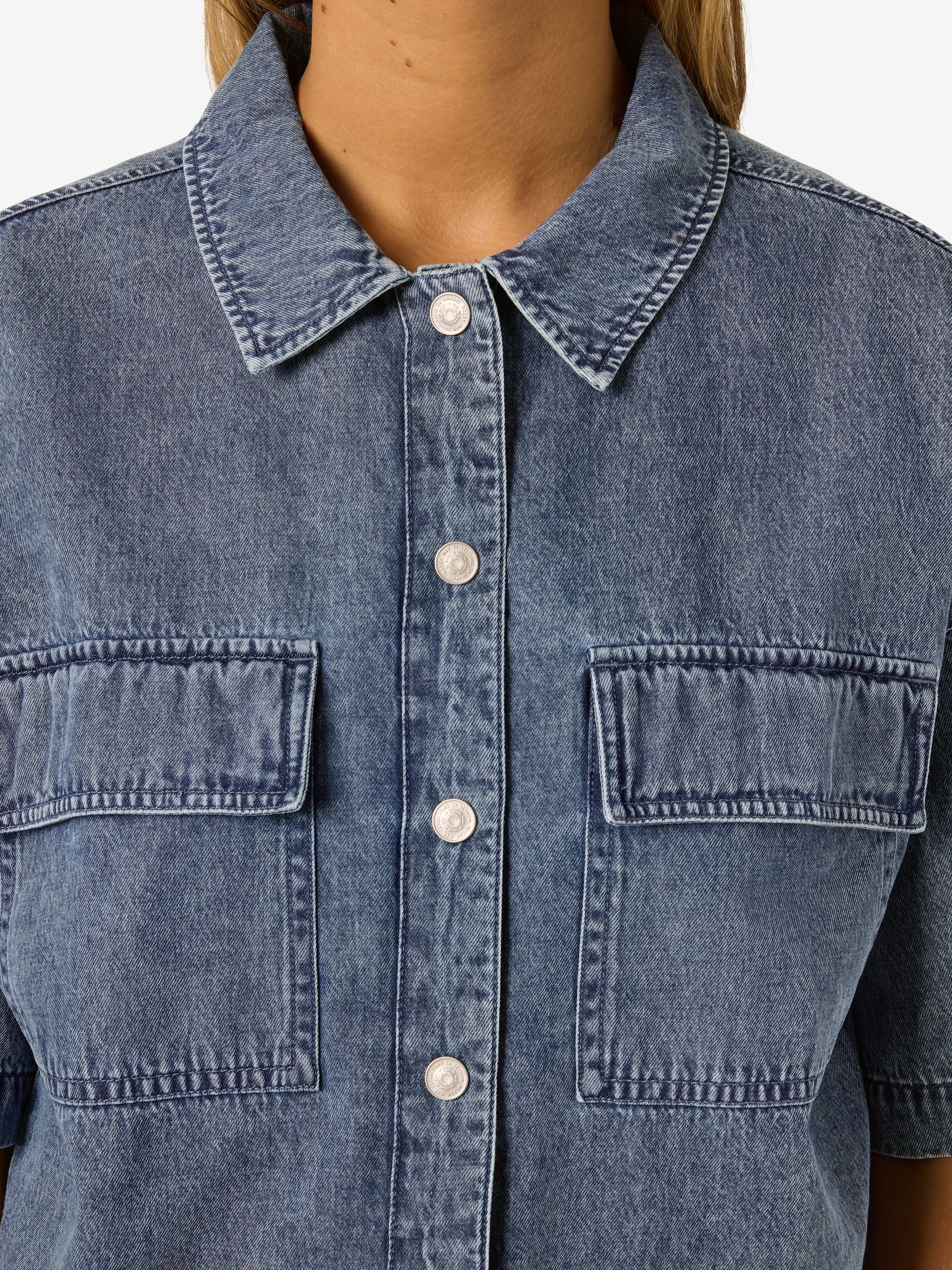 27036512_4919938_7.jpg Halbarm Jeanshemd Locker Geschnitten Knopfleiste Casual