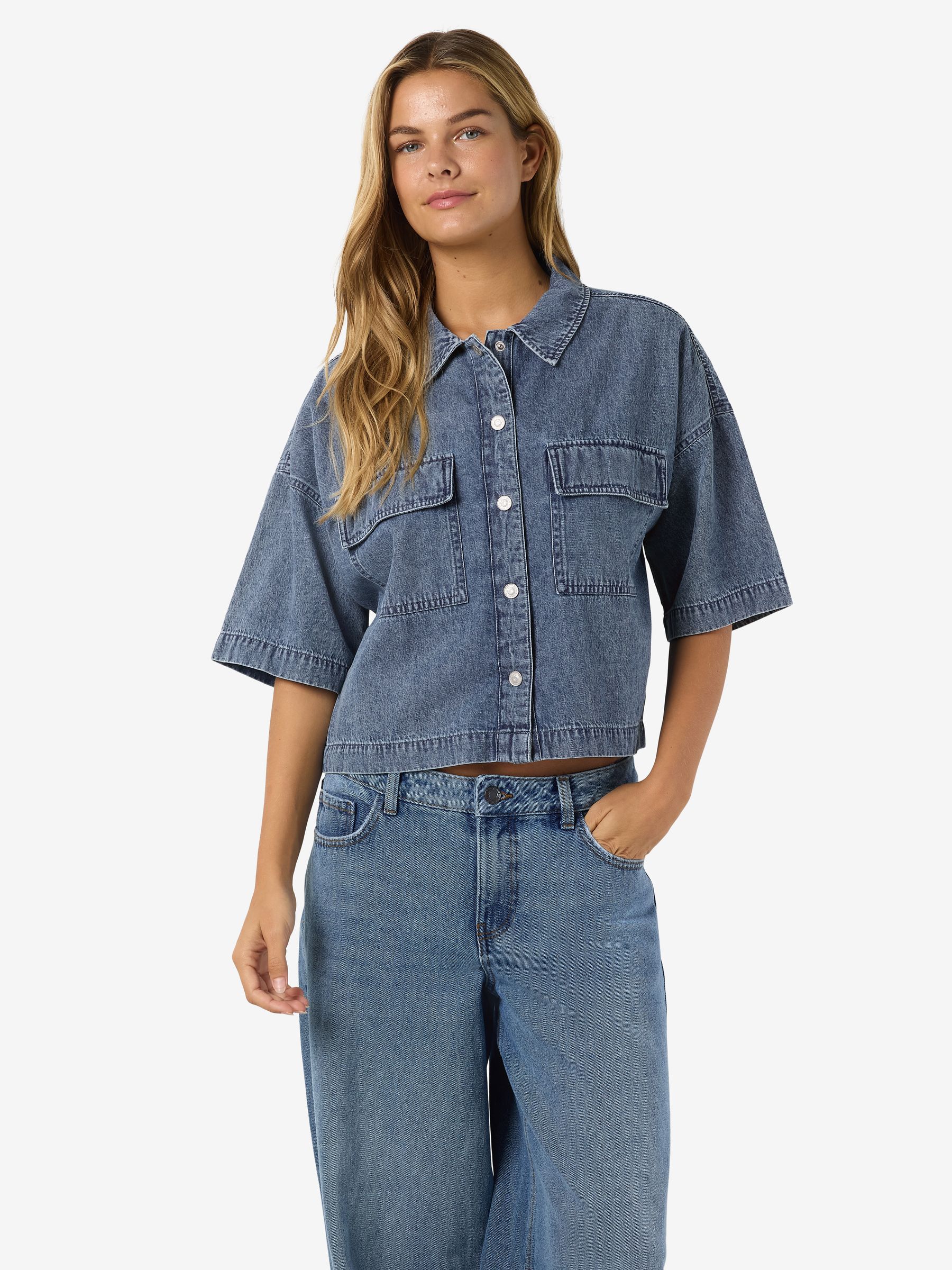 27036512_4919938_8.jpg Halbarm Jeanshemd Locker Geschnitten Knopfleiste Casual