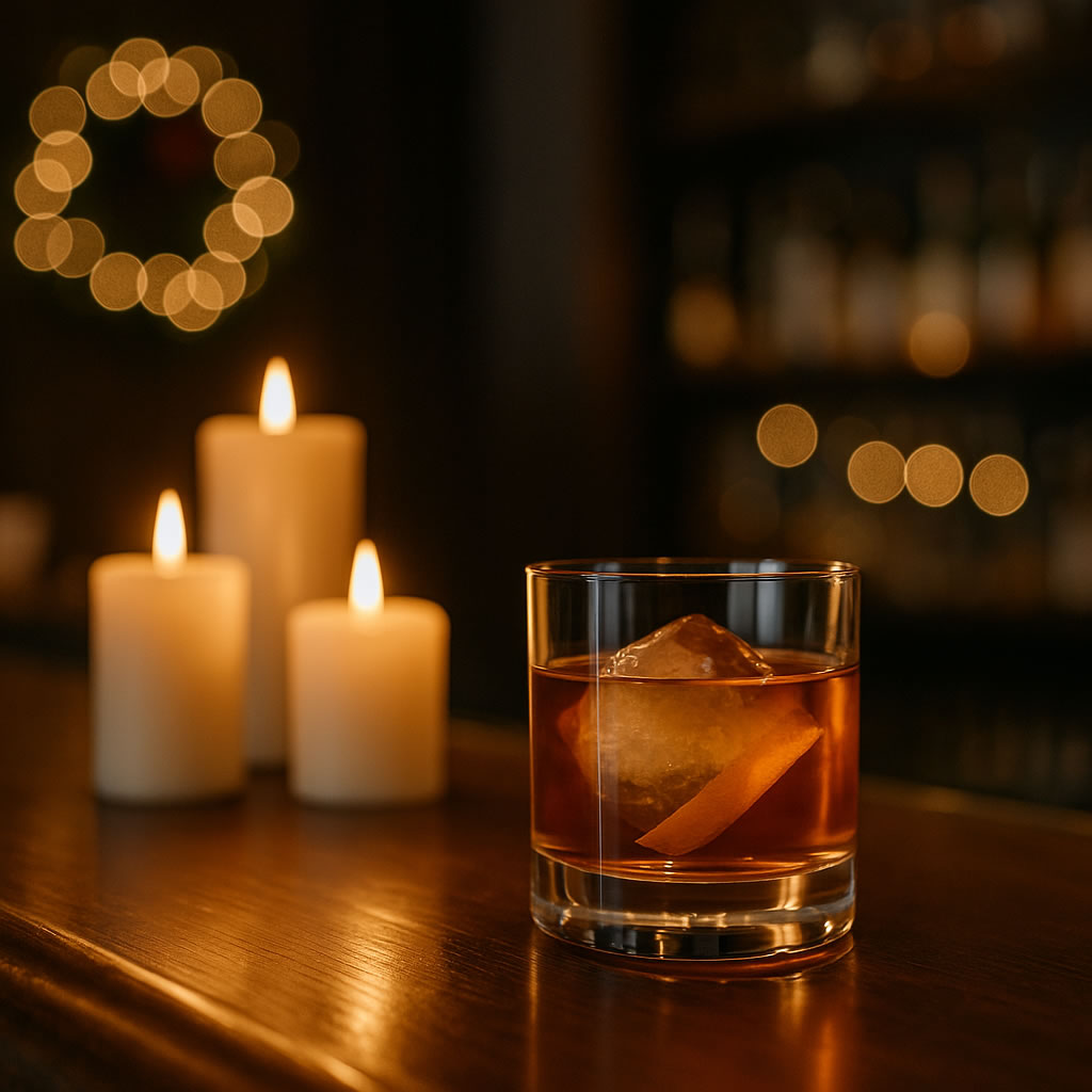 Winterliche Bar-Szenerie mit Glas und Kerzen als Erlebnisgeschenk