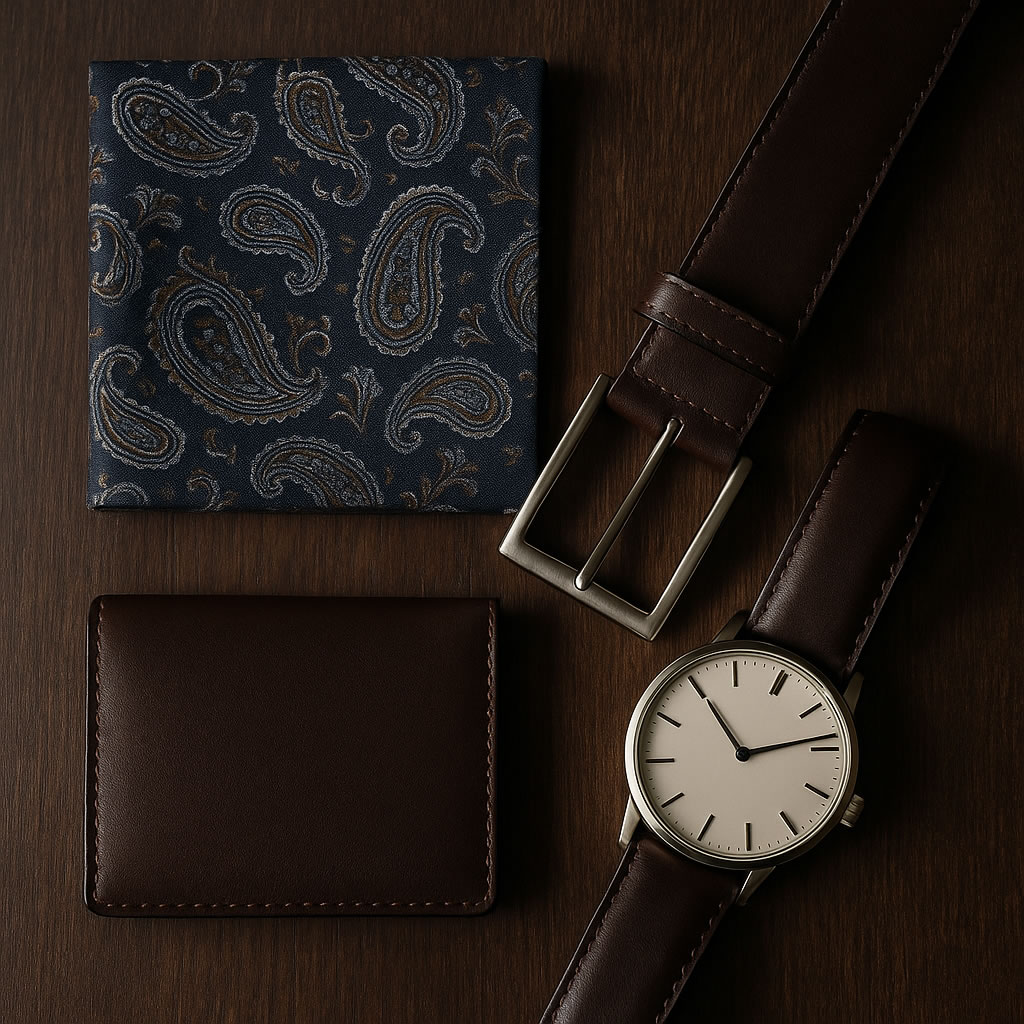 Elegante Herrenaccessoires – Einstecktuch, Gürtel und Uhr auf dunklem Holz