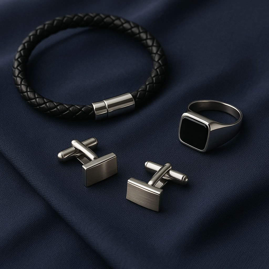 Schmuckstücke und Accessoires für Männer auf schwarzem Stoff