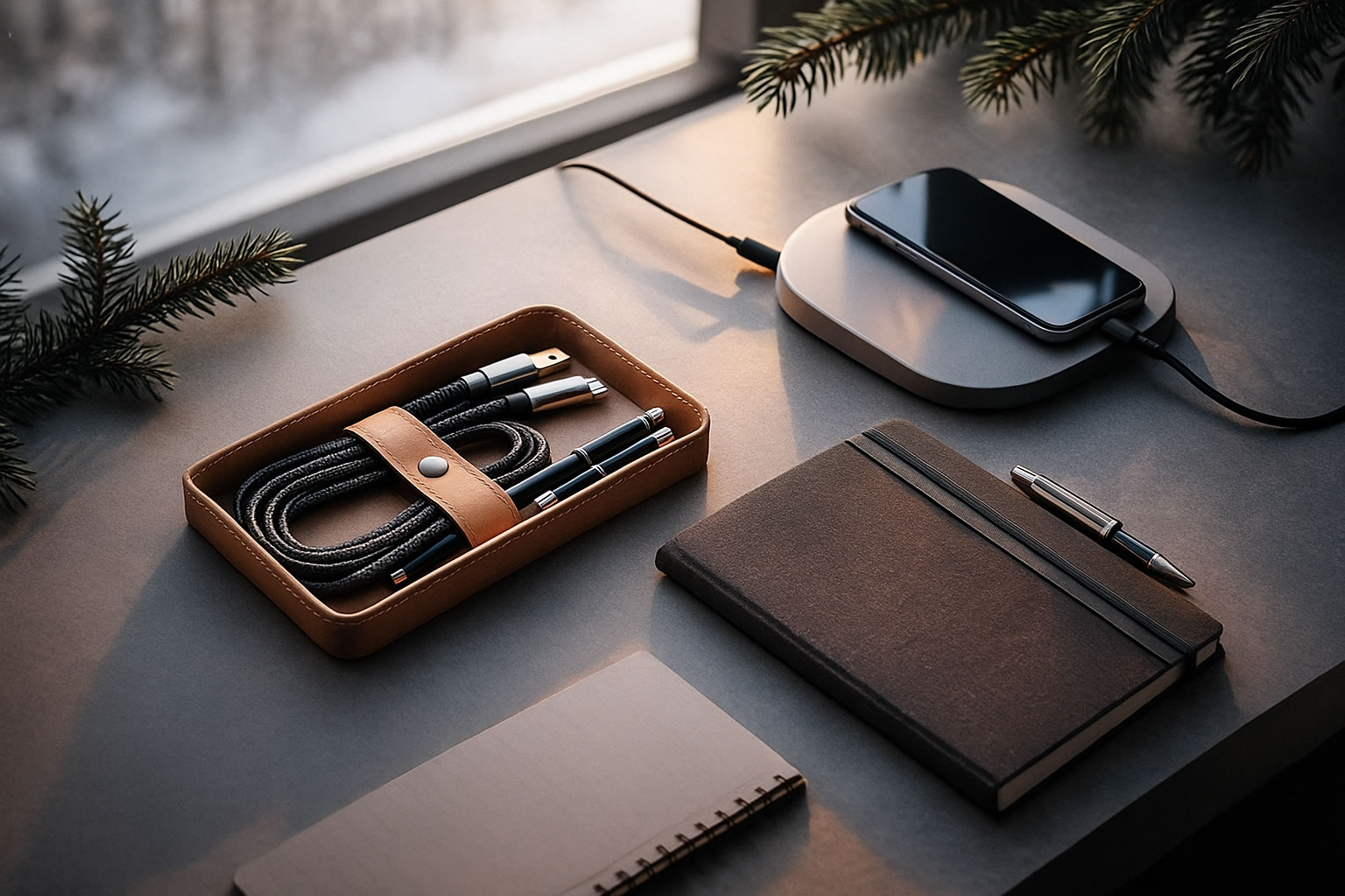 Minimalistische Technik-Gadgets für Männer auf modernem Schreibtisch