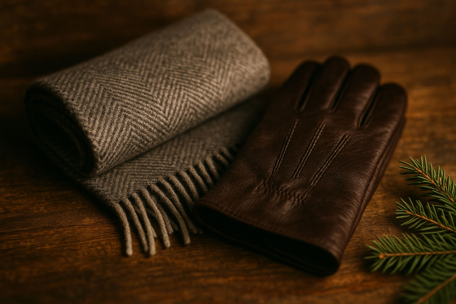 Hochwertiger Wollschal und Lederhandschuhe auf Holztisch mit Tannenzweig