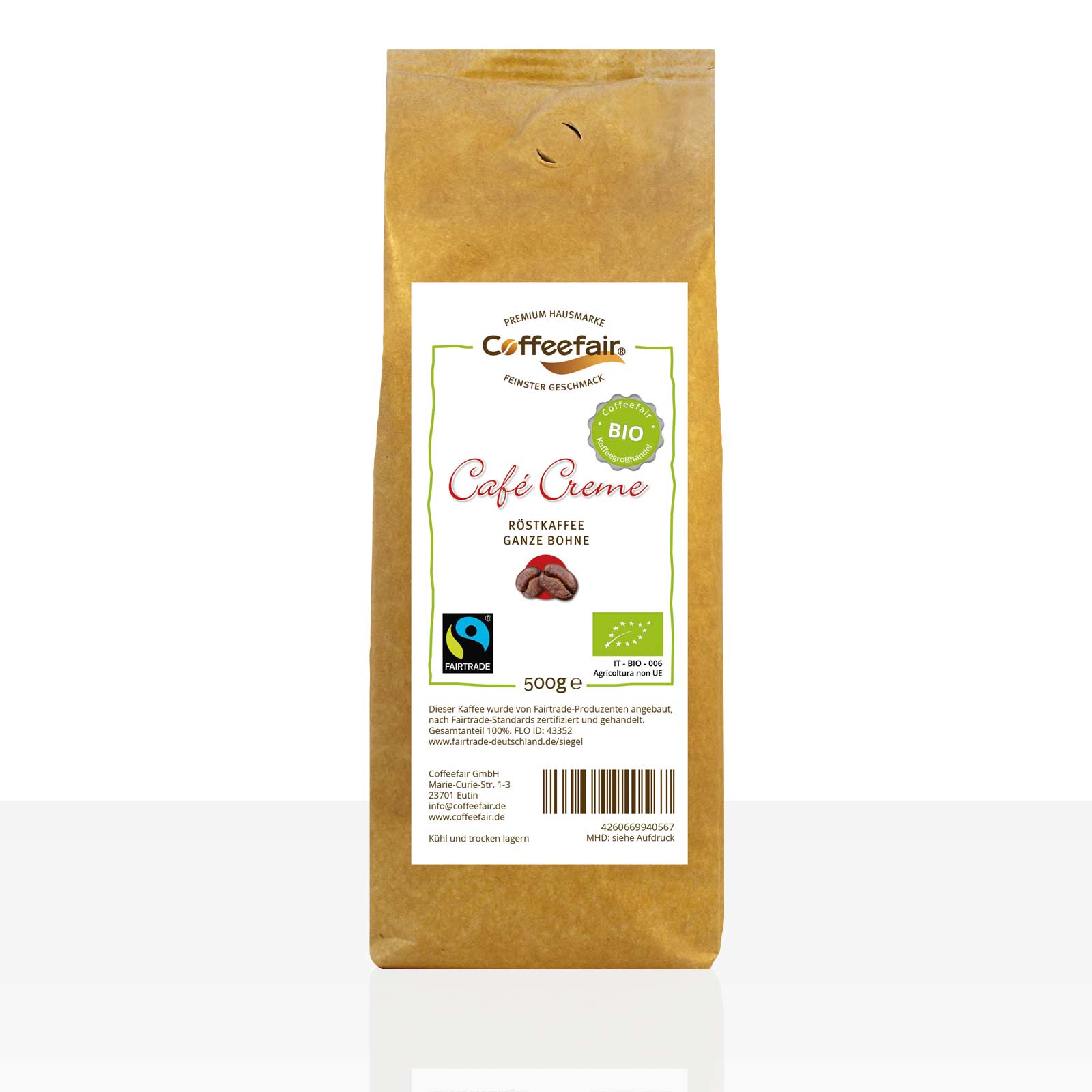 Coffeefair Cafe Creme 20 x 500g Bio Fairtrade ganze Kaffee-Bohnen