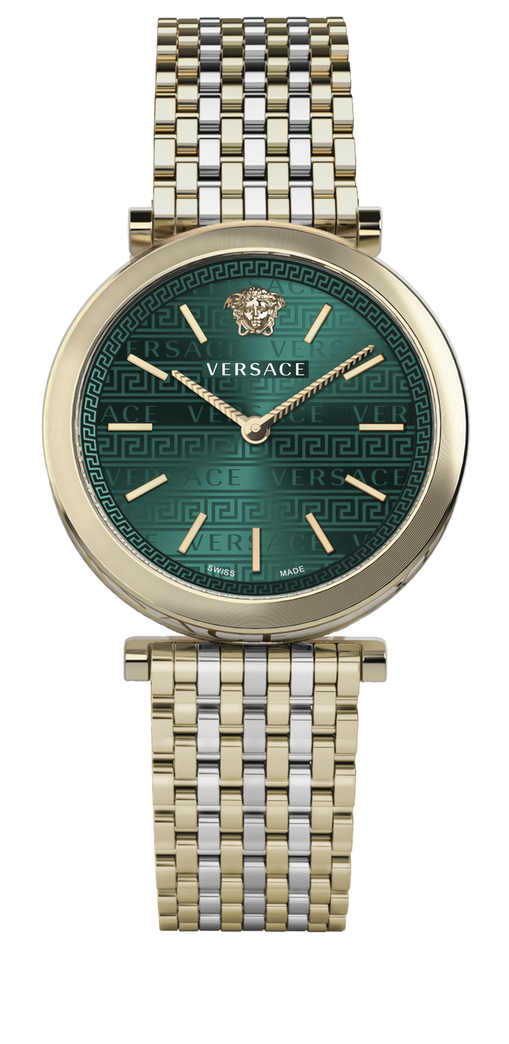 Versace V-Twist Damenuhr Gold Silber Stahl Grün Zifferblatt 36mm