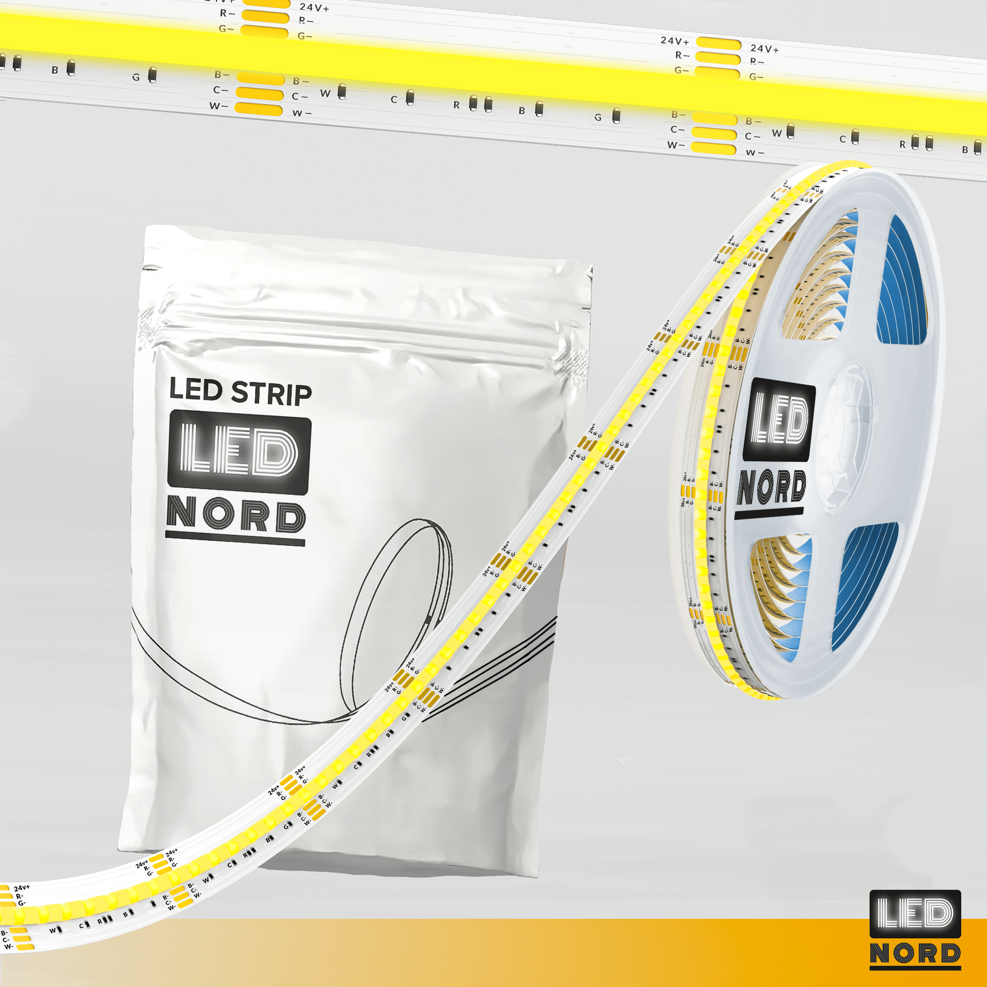 LED COB 840LEDs/m Strip 9*28 RGB+CCT 24v 18Watt/m dimmbar 5m 12mm cri