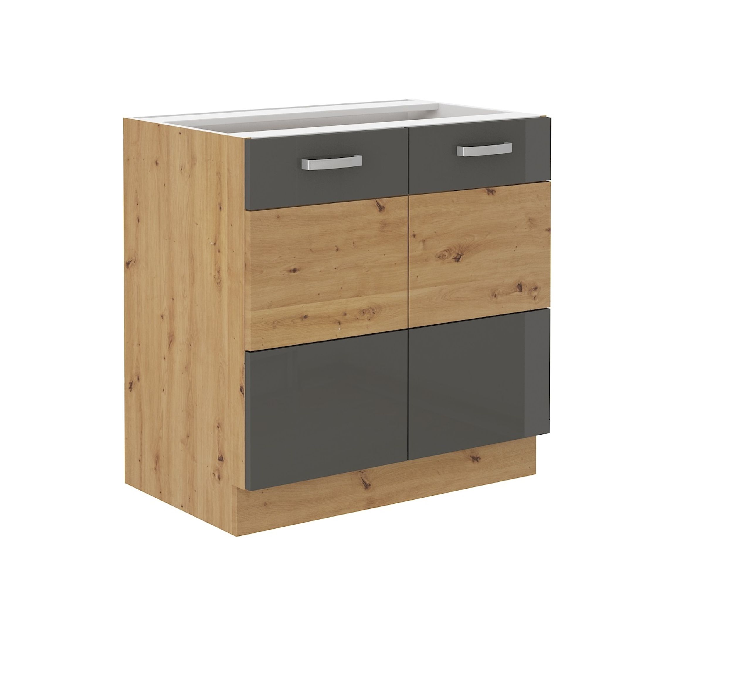 Unterschrank 80 cm Eiche Artisan + Grau Hochglanz Küchenzeile