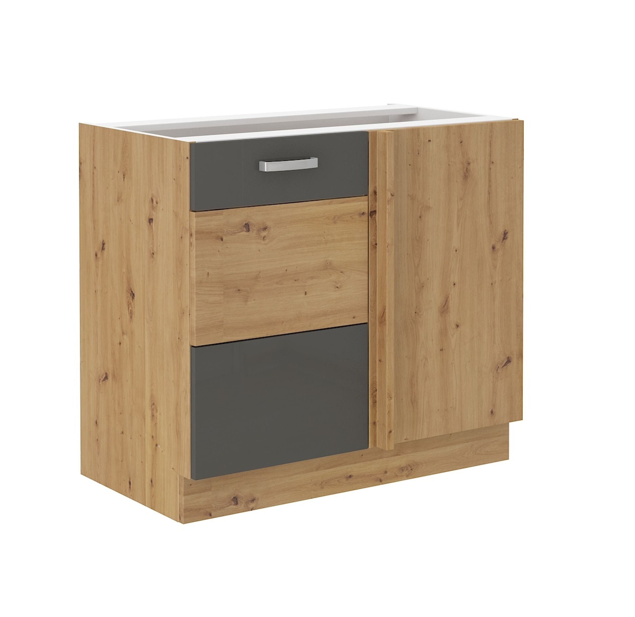 Eckunterschrank 105 cm Eiche Artisan + Grau Hochglanz Küchenzeile
