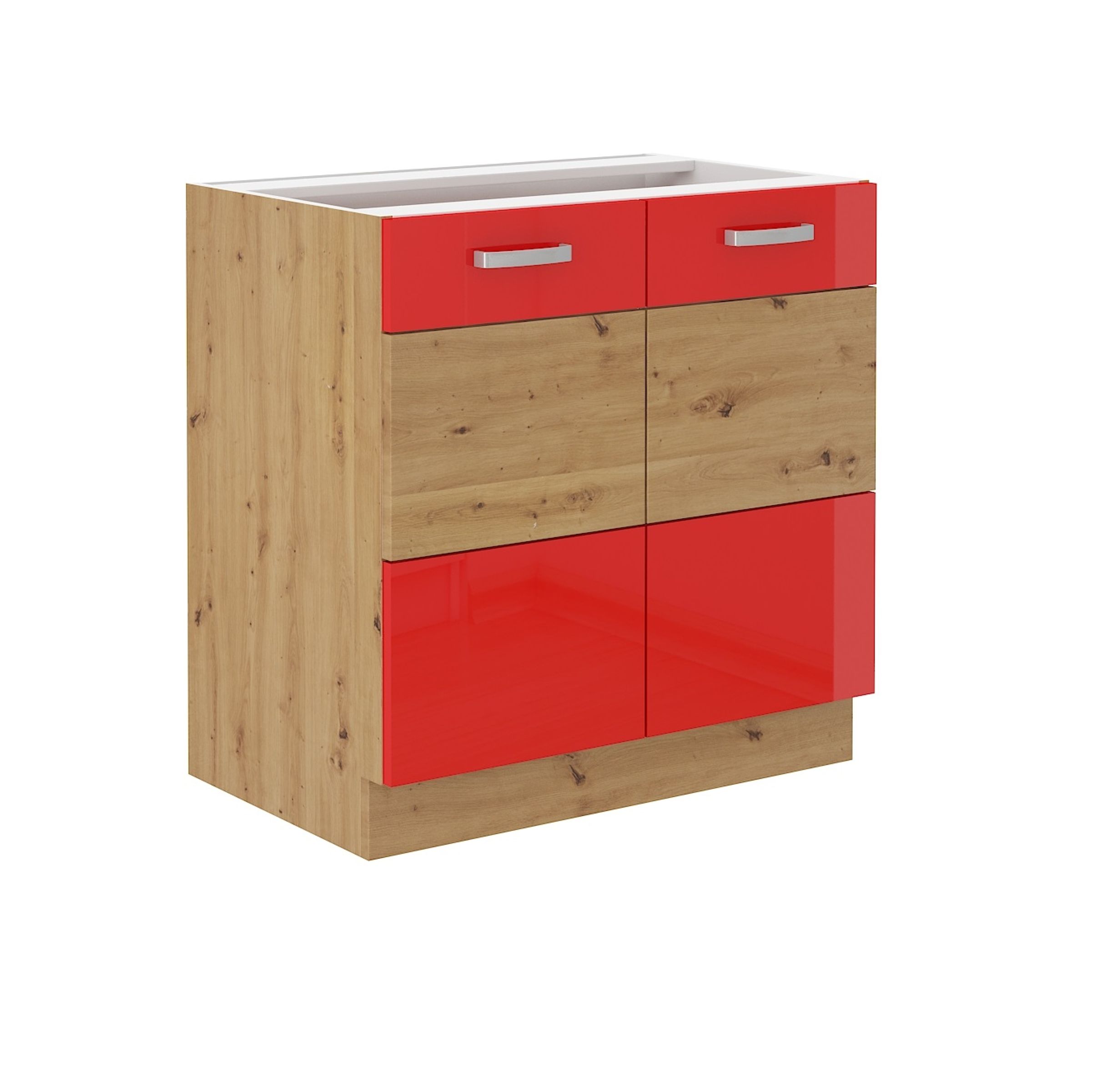 Unterschrank 80 cm Eiche Artisan + Rot Hochglanz Küchenzeile