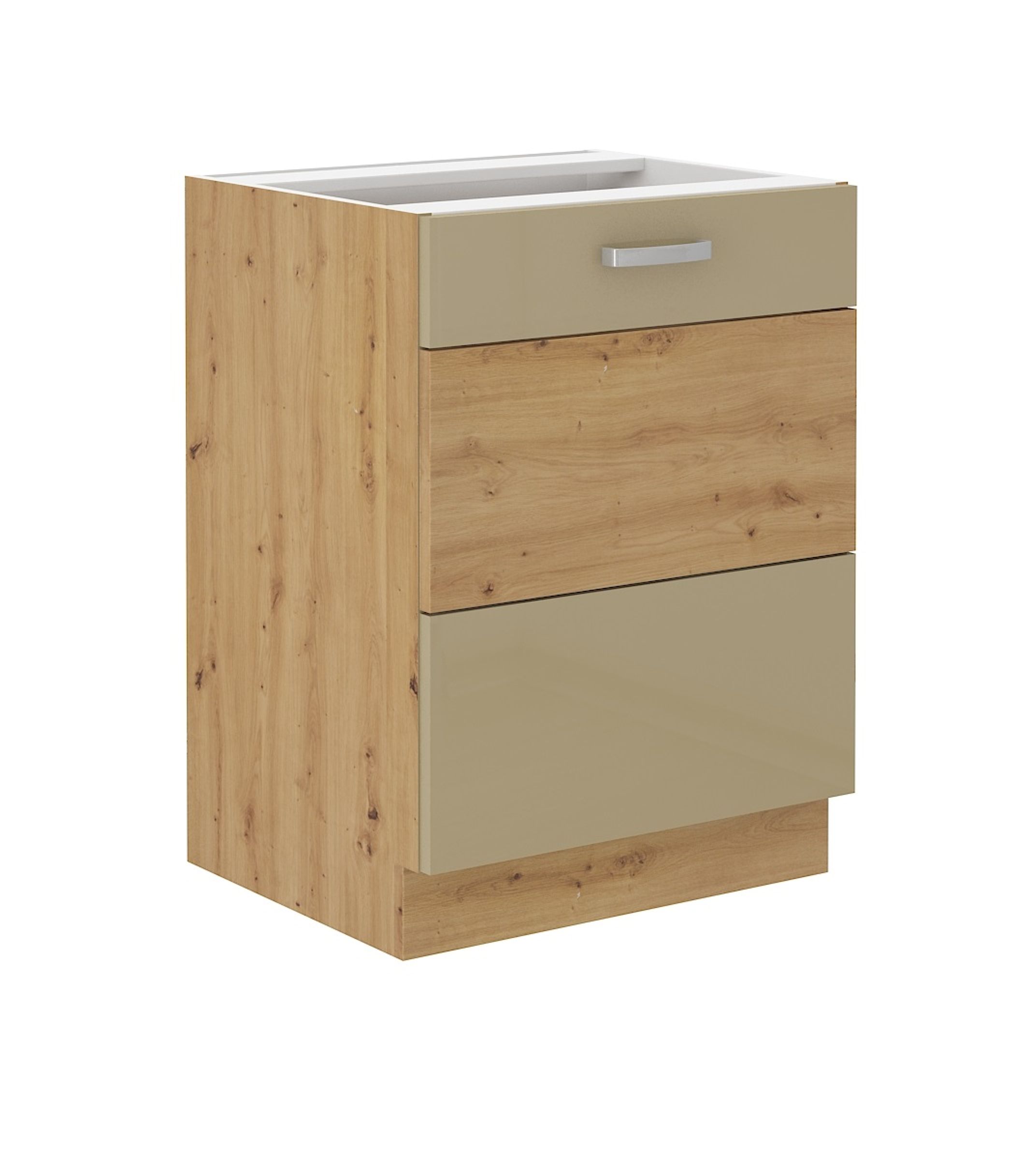 Unterschrank 60 cm Eiche Artisan + Cappuccino Hochglanz Küchenzeile