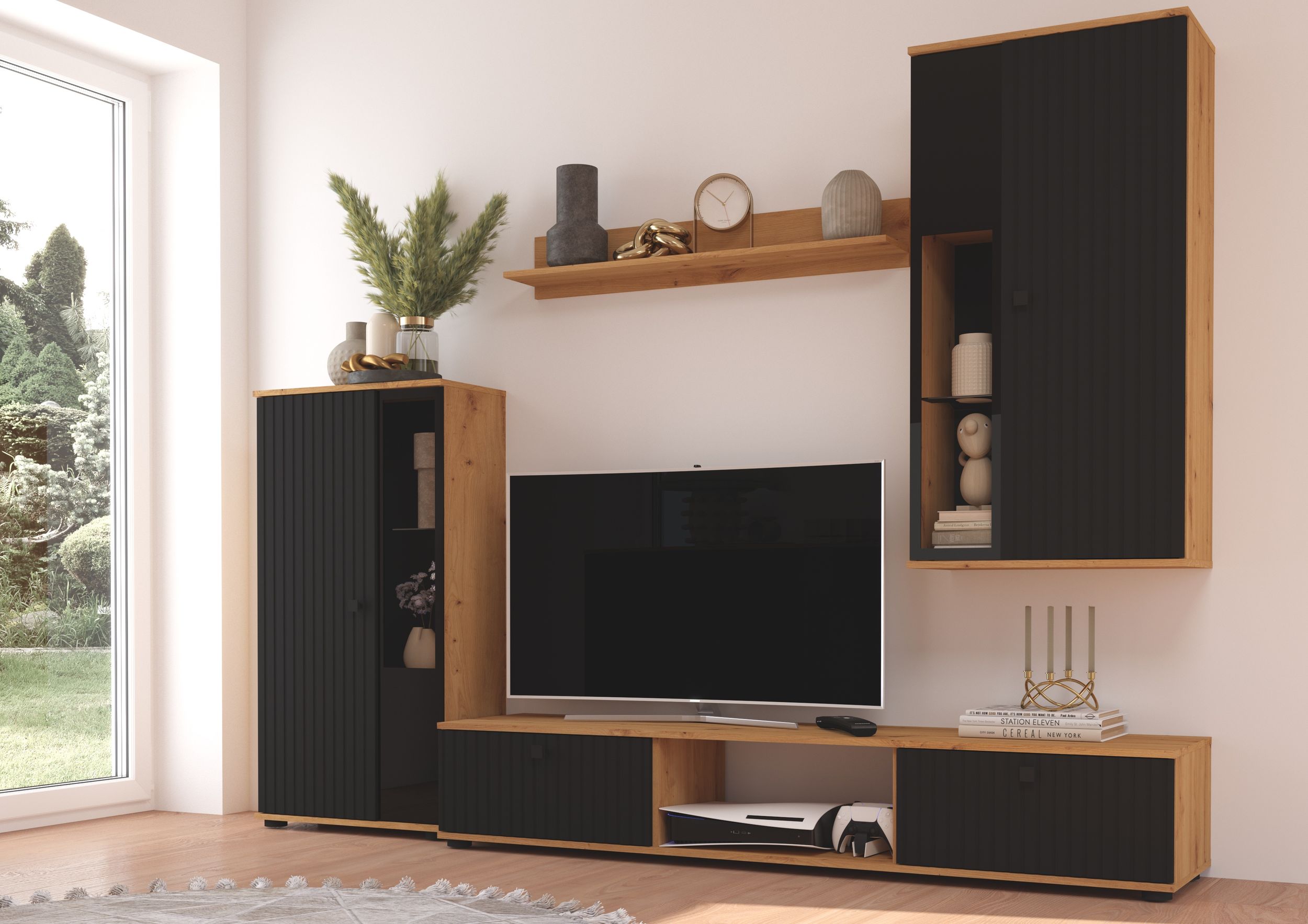 wohnwand salsa 2 lamellenoptik anbauwand schrankwand mdf schwarz + eiche  artisan