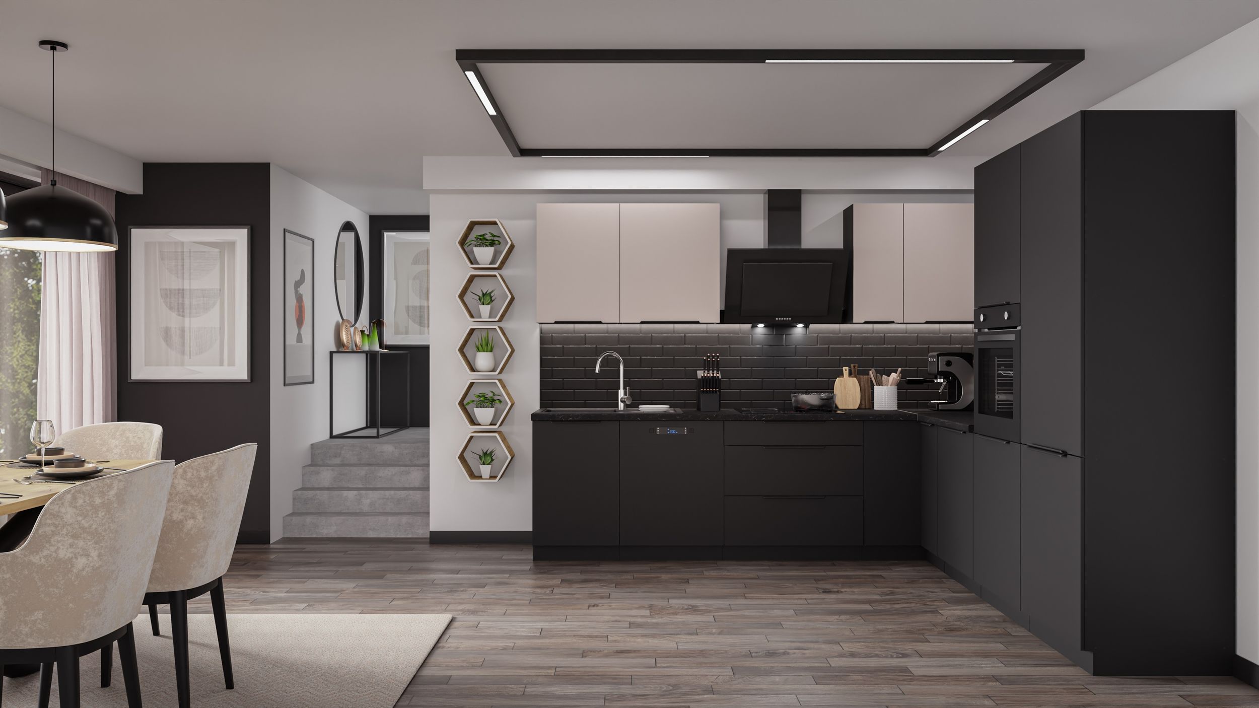 Arona Eckküche 280x270 Cm In Kaschmir Beige & Schwarz - Moderne Küchenzeile Mit Mega-Stauraum