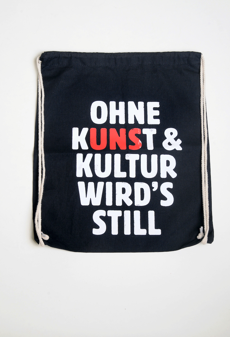 Jute-Rucksack " Ohne kUNSt und Kultur wirds still" schwarz
