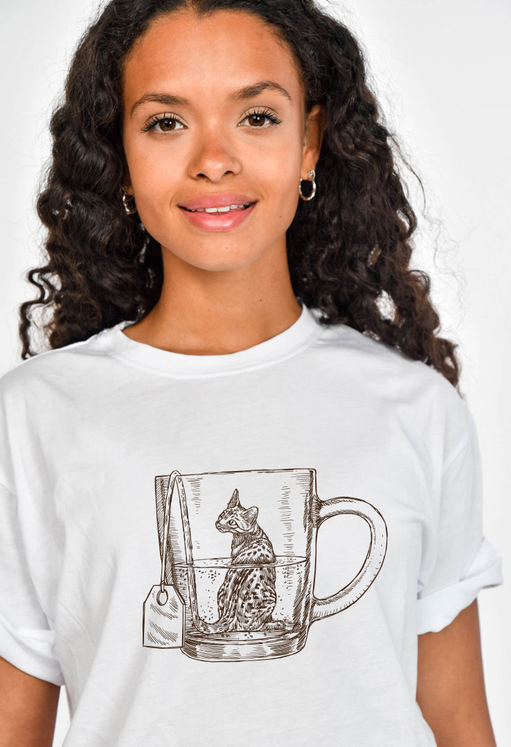 Cyroline Frauen  Print-T-Shirt Katze Tee Tasse weiß schwarz mit Siebdruck