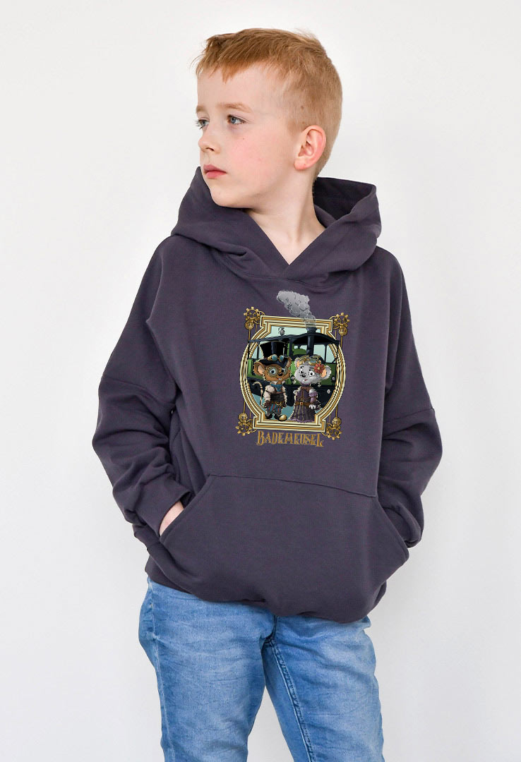 Kapuzen- Sweater grau mit Print "Zugreise"