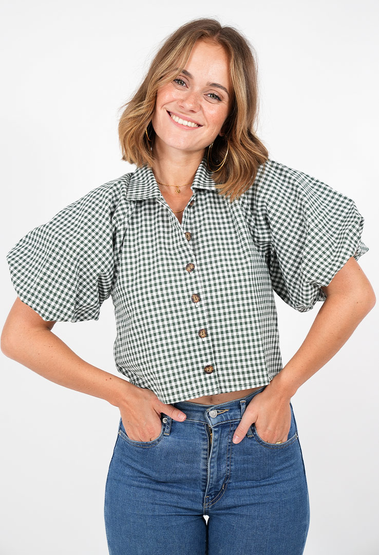 karierte Bluse mit voluminösen Ärmel