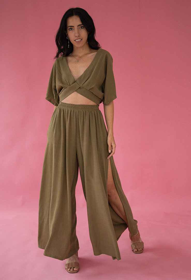 Weite Leinen Gummibund Hose mit Schlitz und Hosentaschen