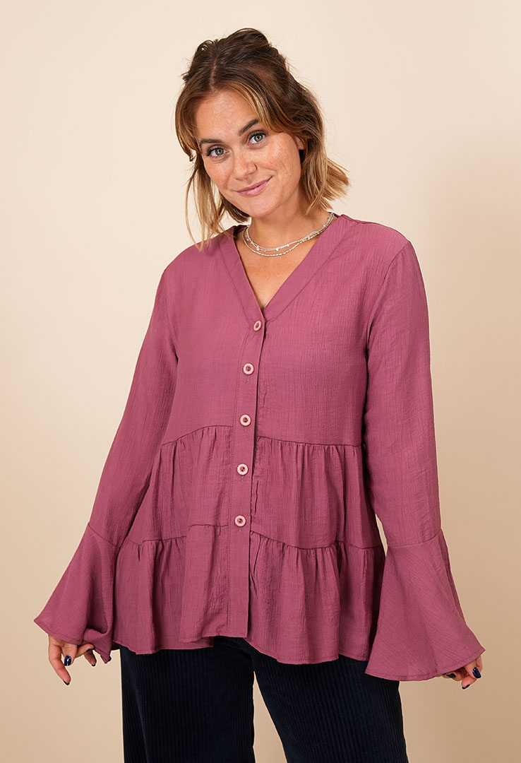 Boho Bloom“ Tunika-Bluse mit Volantärmeln