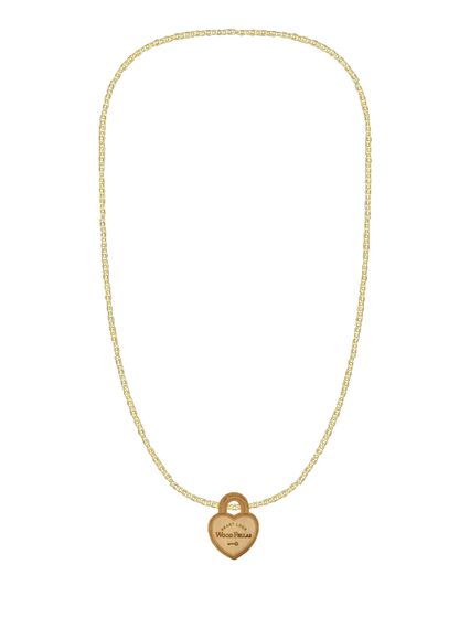 WOOD FELLAS chaîne de collier bijoux tendance avec pendentif en bois coeur trou de serrure beige / or