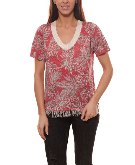 Chemise tricotée TUZZI Chemise à franges pour femmes à la mode avec imprimé ananas rouge / blanc