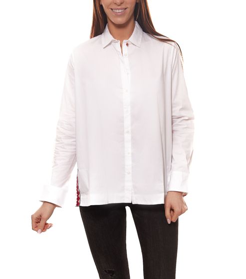 rossana diva Ausgeh-Bluse schlichte Damen Langarm-Bluse mit buntem Nähten an den Seiten Weiß