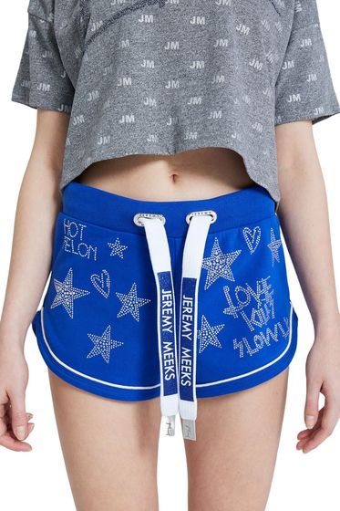 JEREMY MEEKS Damen Hot Pants mit Glitzersteinen Ilva Blau