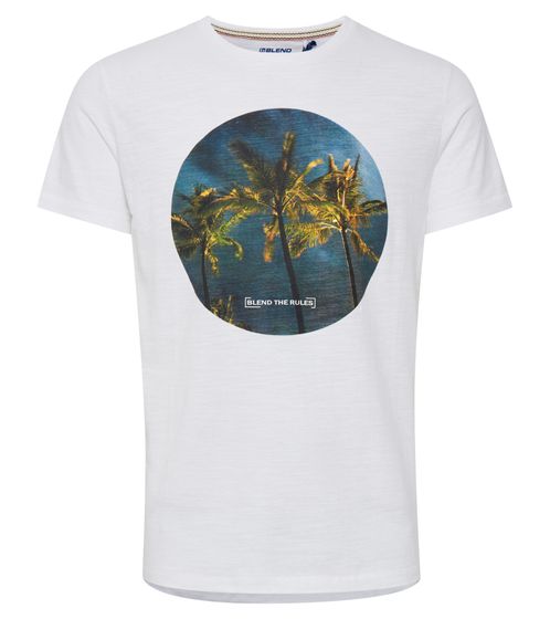BLEND Tee Herren Baumwoll-T-Shirt nachhaltiges Kurzarm-Shirt mit Palmendruck 20712364 110601 Weiß