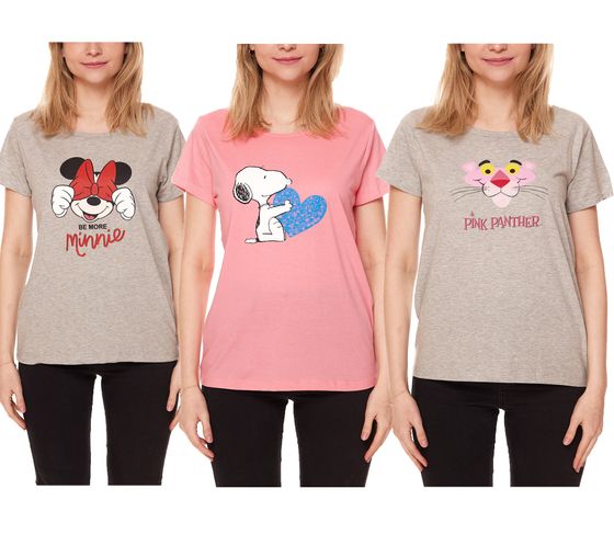 Disney Minnie Mouse Der rosarote Panter Snoopy Damen T-Shirt süßes Baumwoll-Shirt Freizeit-Shirt Urlaubs-Shirt Comic-Shirt Fan-Shirt Grau Pink Rosa 